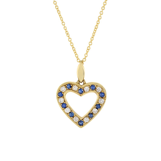 14KT Yellow Gold Diamond And Blue Sapphire Heart Pendant