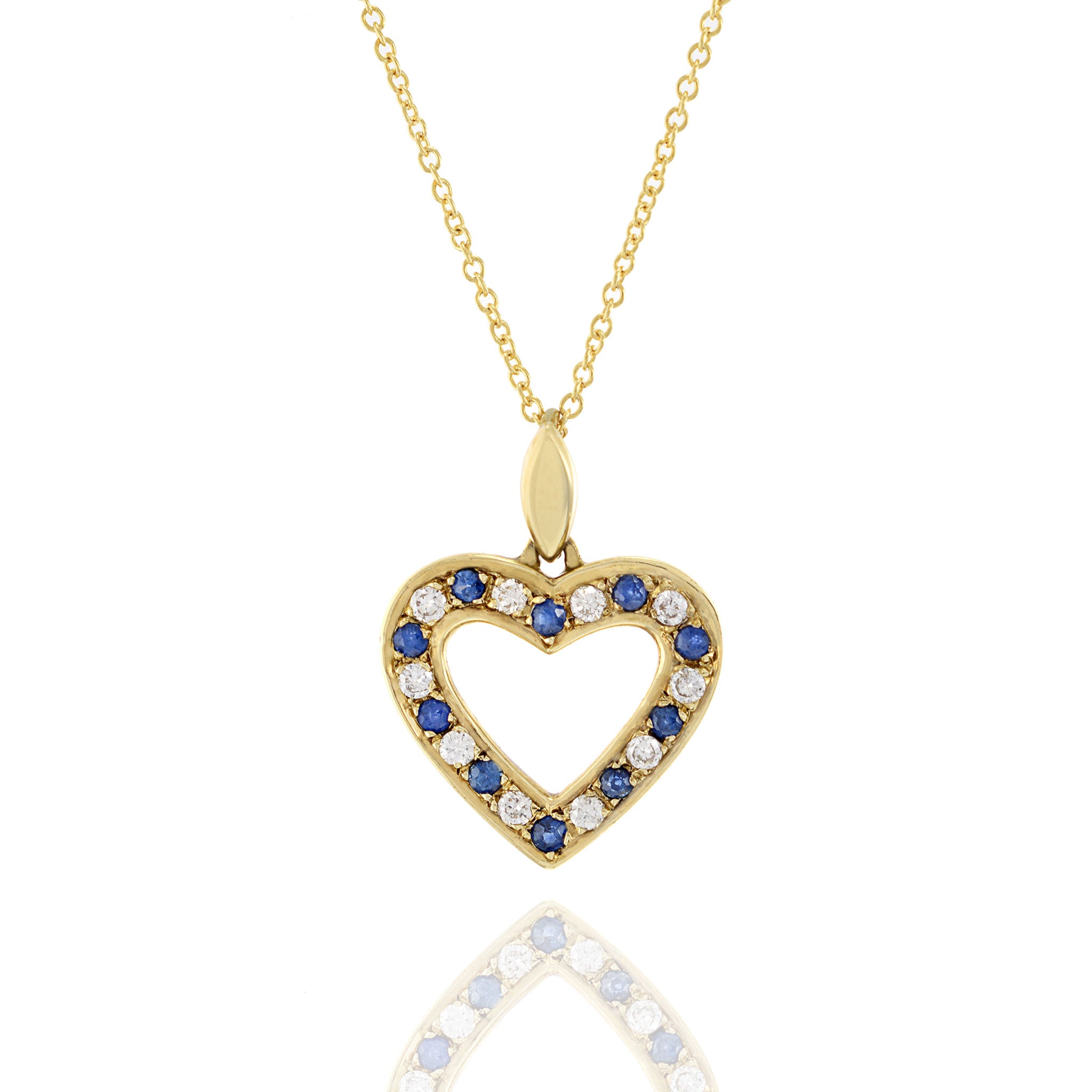 14KT Yellow Gold Diamond And Blue Sapphire Heart Pendant