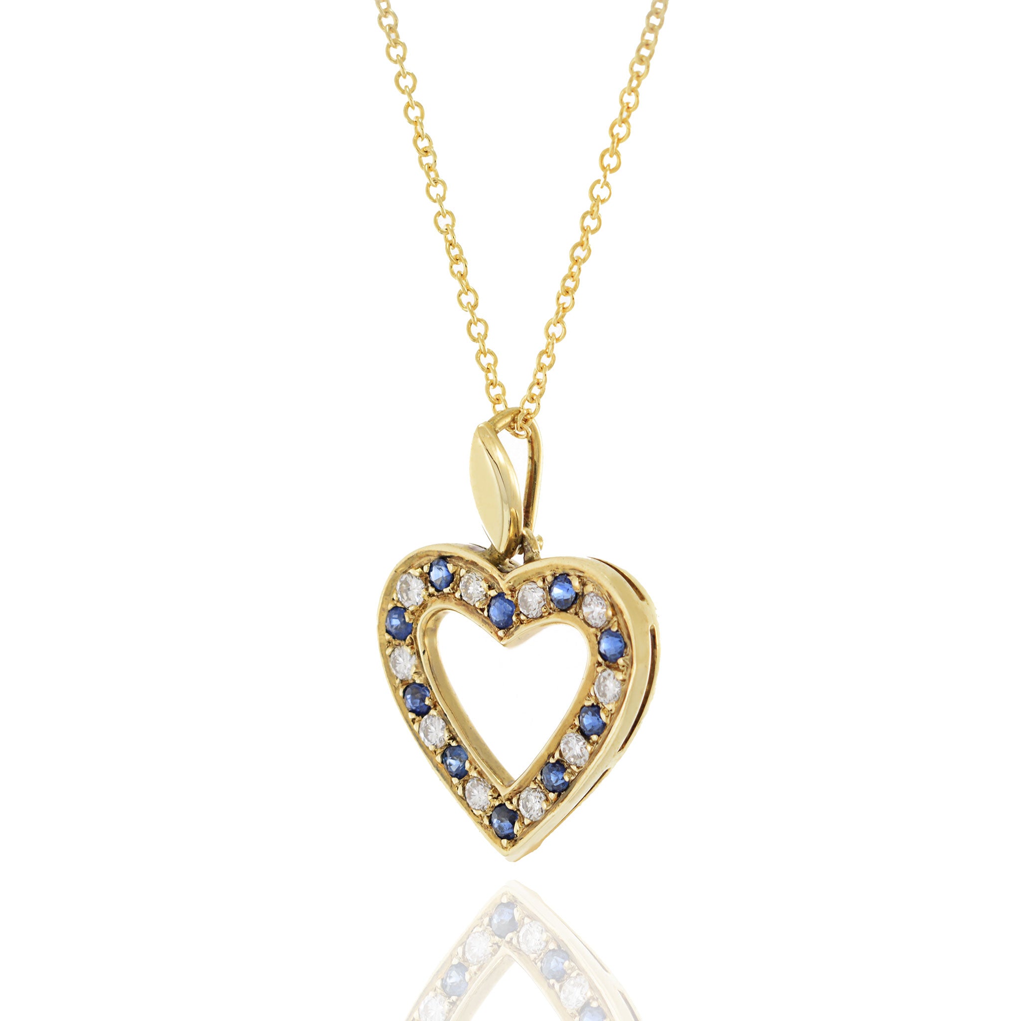 14KT Yellow Gold Diamond And Blue Sapphire Heart Pendant