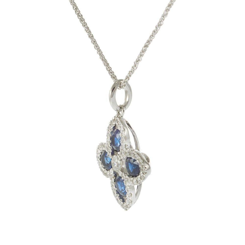 18KT White Gold Sapphire and Diamond Flower Pendant Necklace