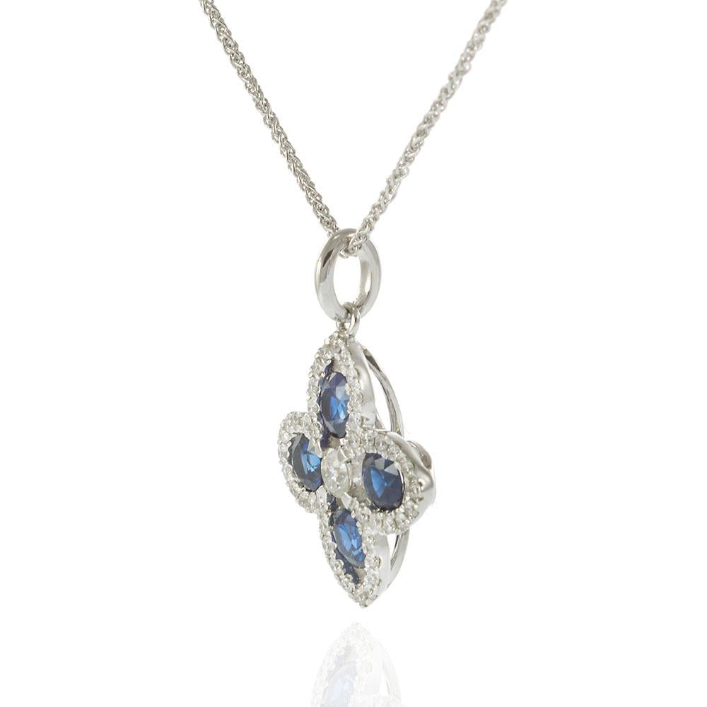 18KT White Gold Sapphire and Diamond Flower Pendant Necklace