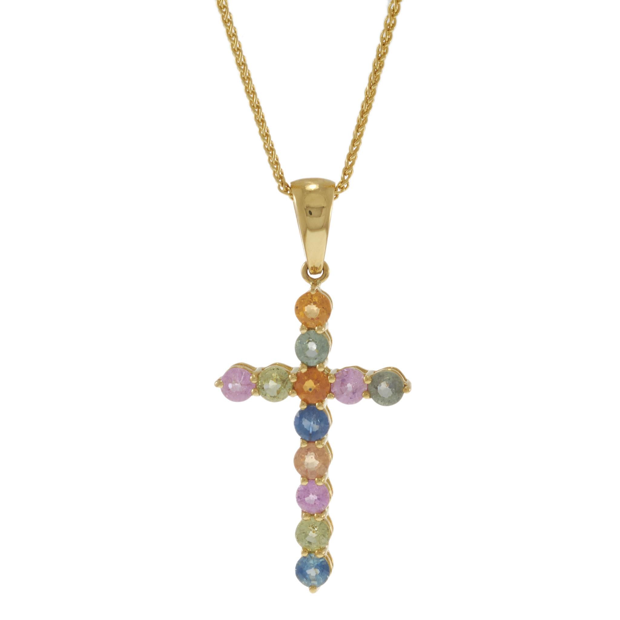 18KT Yellow Gold Multi-Color Sapphire Cross Pendant