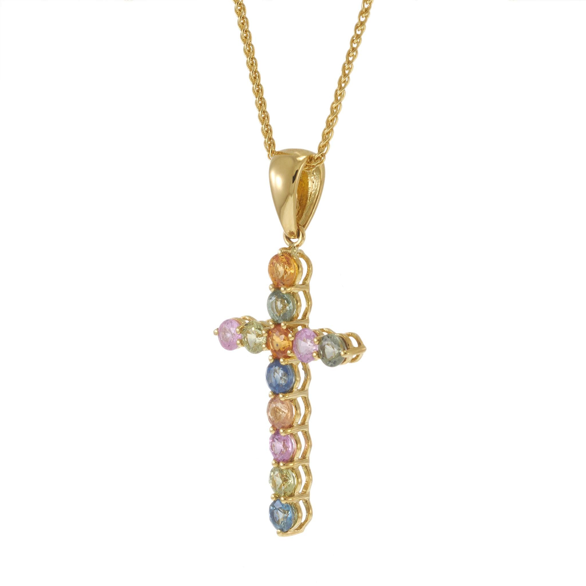 18KT Yellow Gold Multi-Color Sapphire Cross Pendant