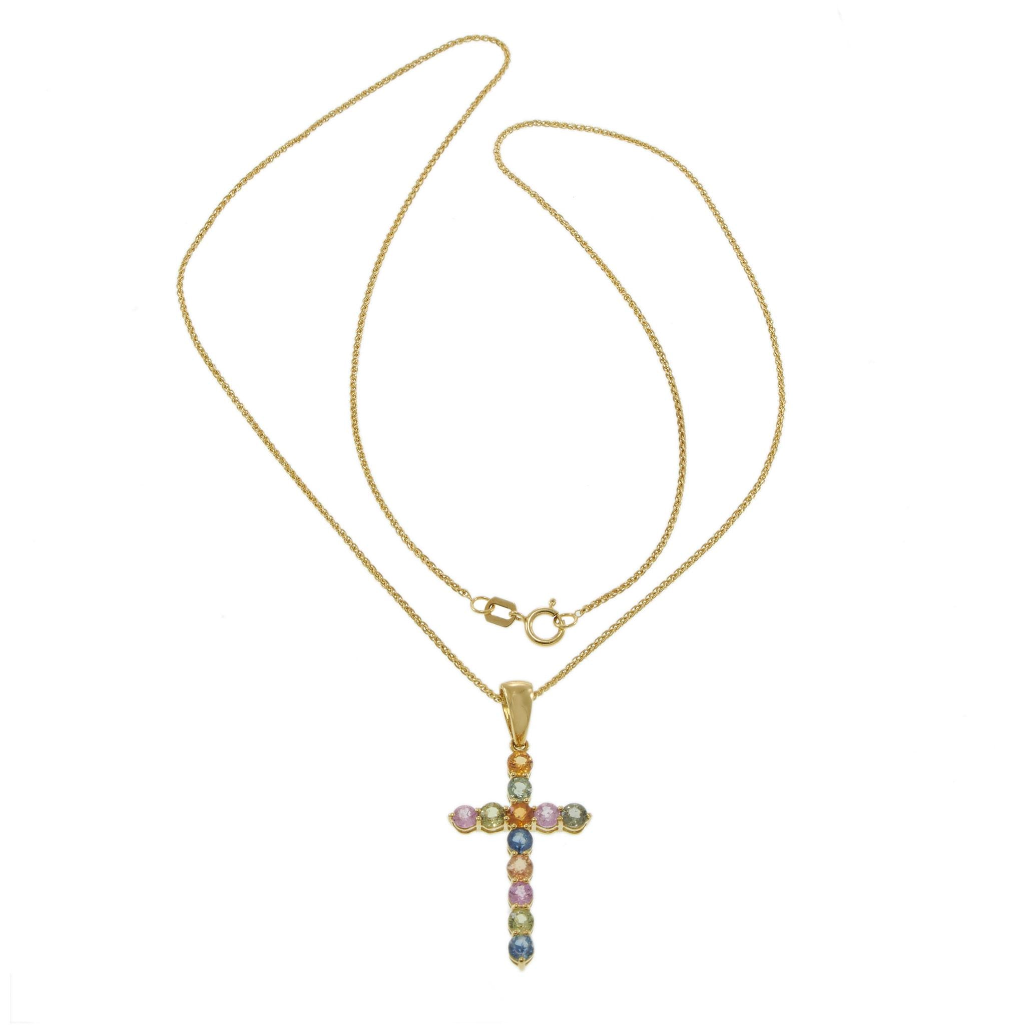 18KT Yellow Gold Multi-Color Sapphire Cross Pendant