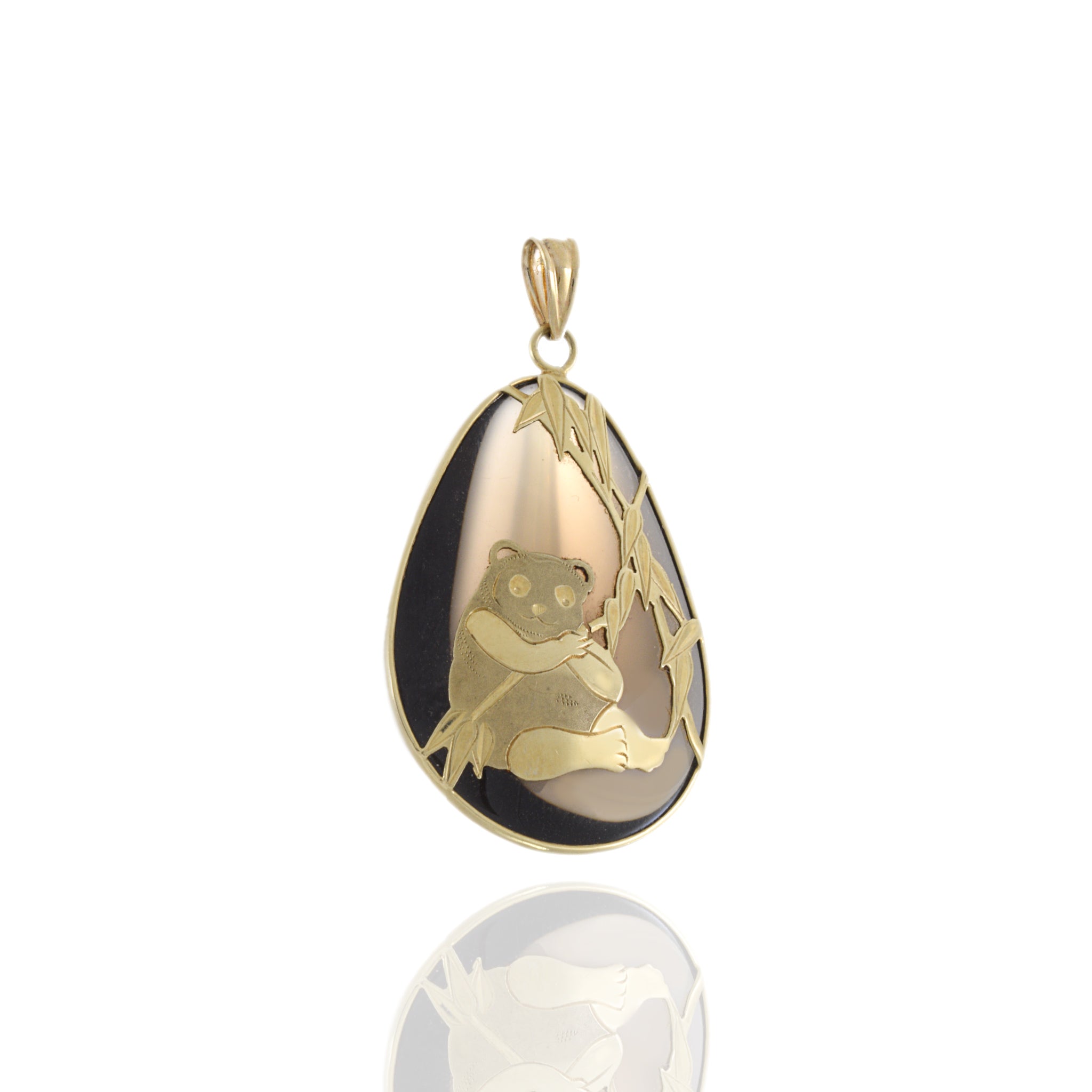 Estate 14KT Yellow Gold Tear Drop Smokey Quartz Panda Pendant