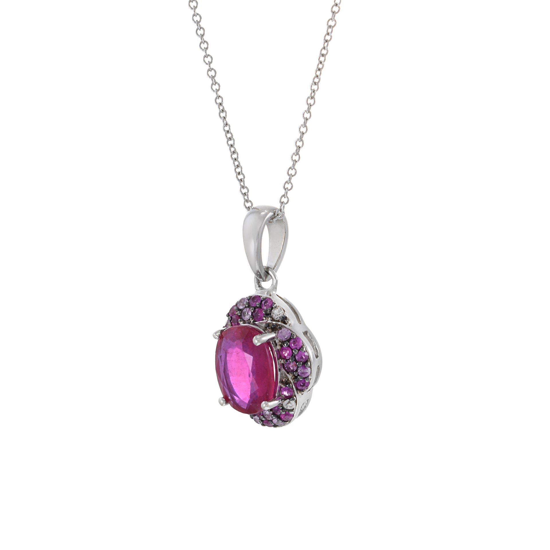 14KT White Gold Pink Oval Cut Rubellite Pendant with Multi-Color Gems