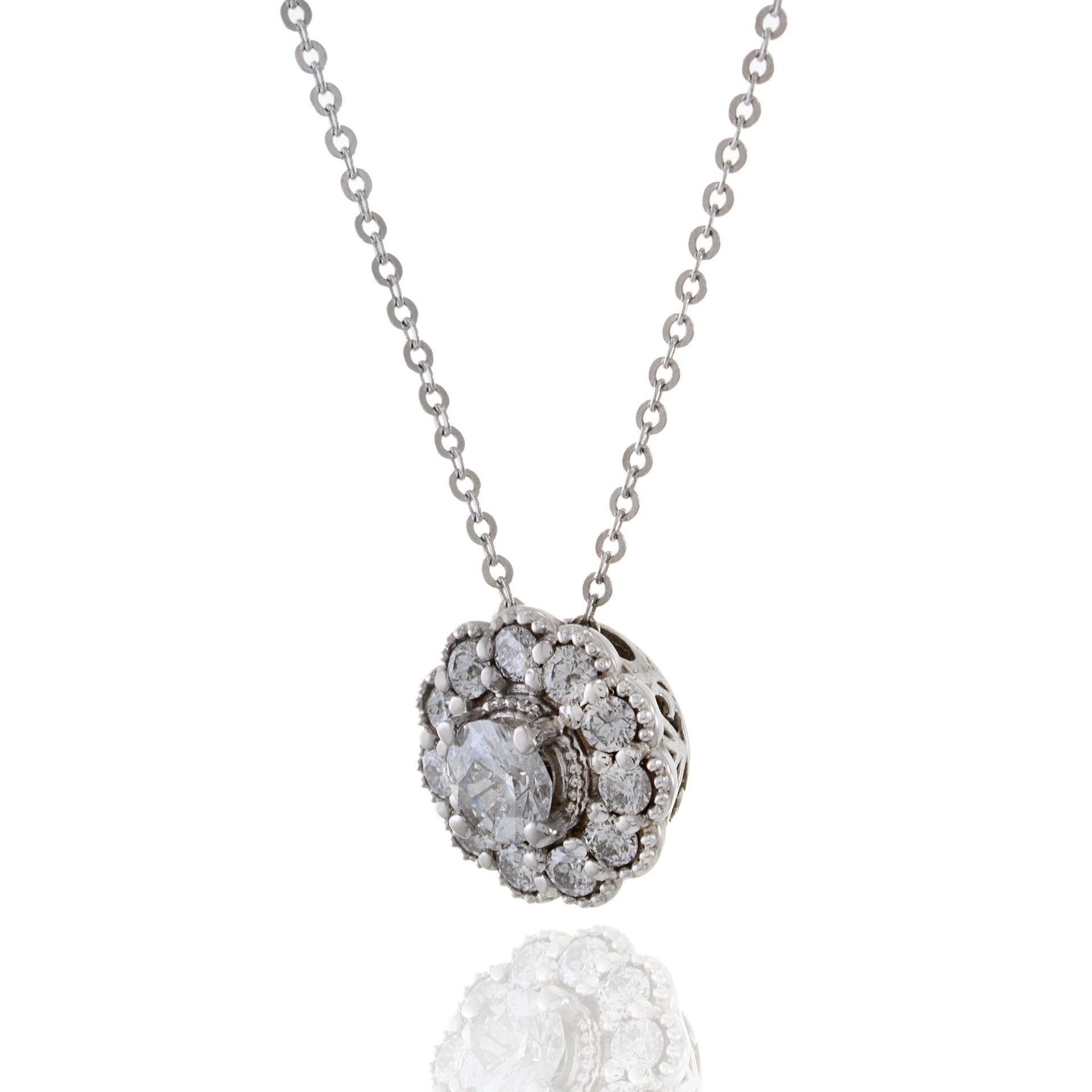 14KT White Gold Deco Style Halo Diamond Pendant Necklace