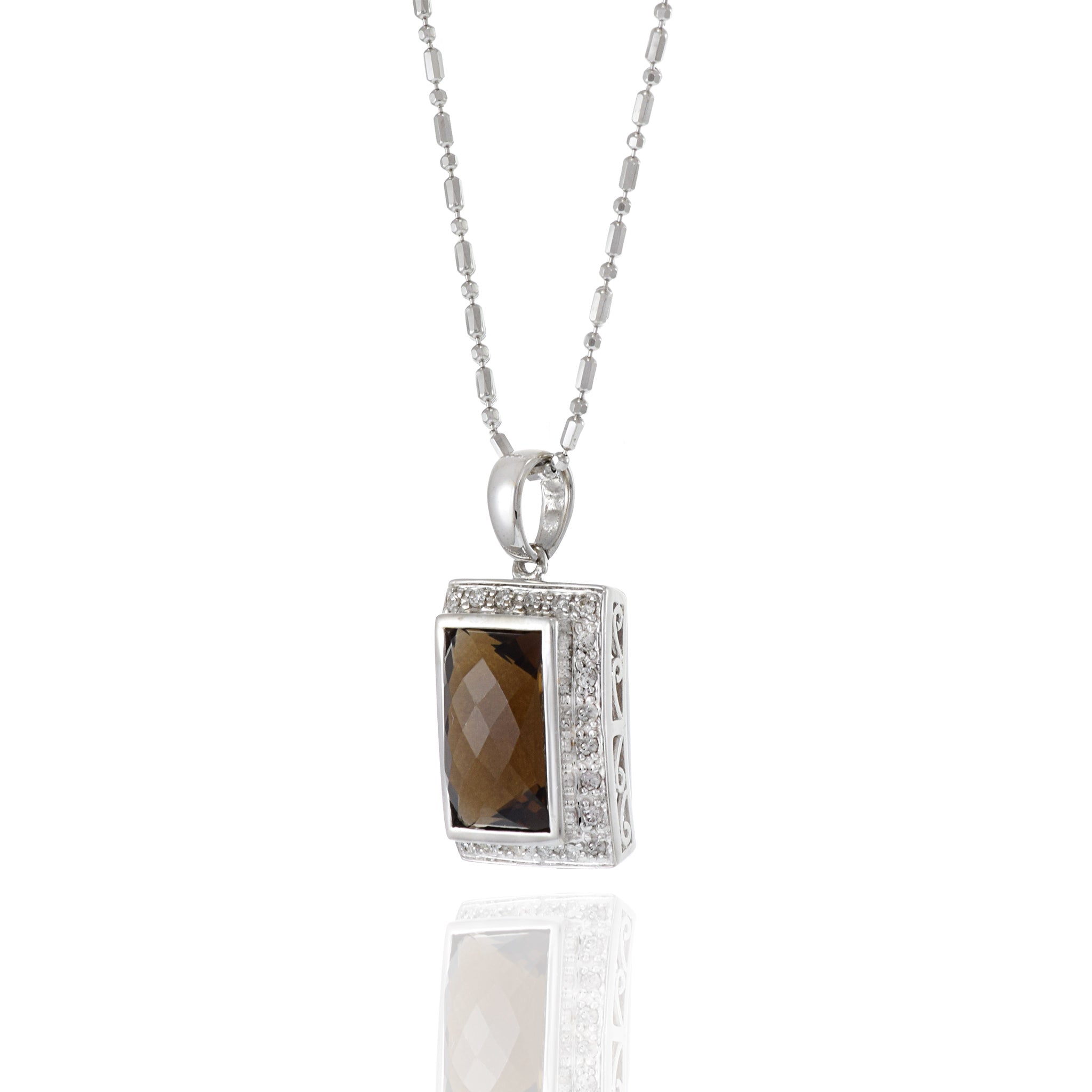 14KT White Gold Rectangular Cut Smokey Topaz And Diamond Necklace