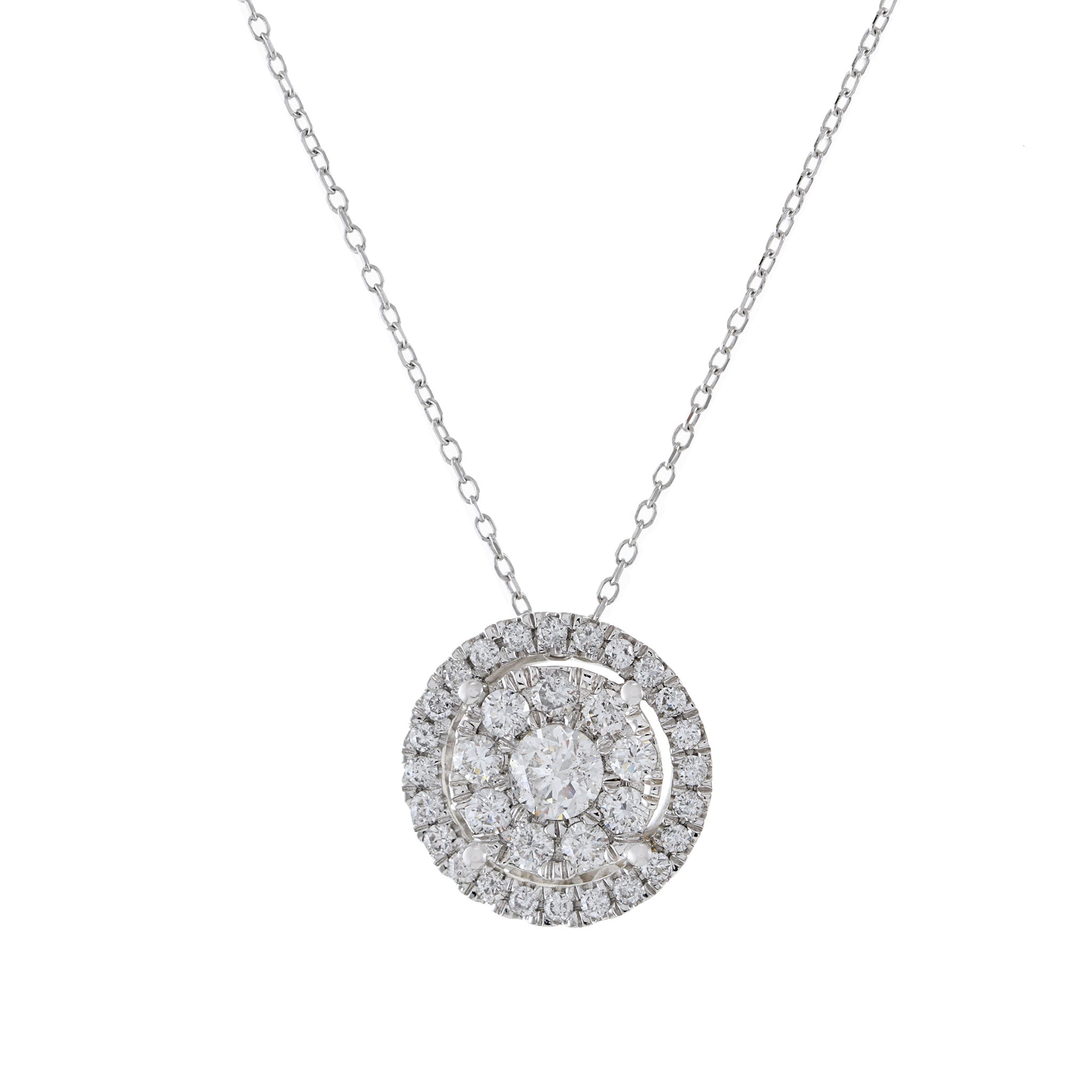 14KT White Gold Halo Cluster Diamond Pendant Necklace