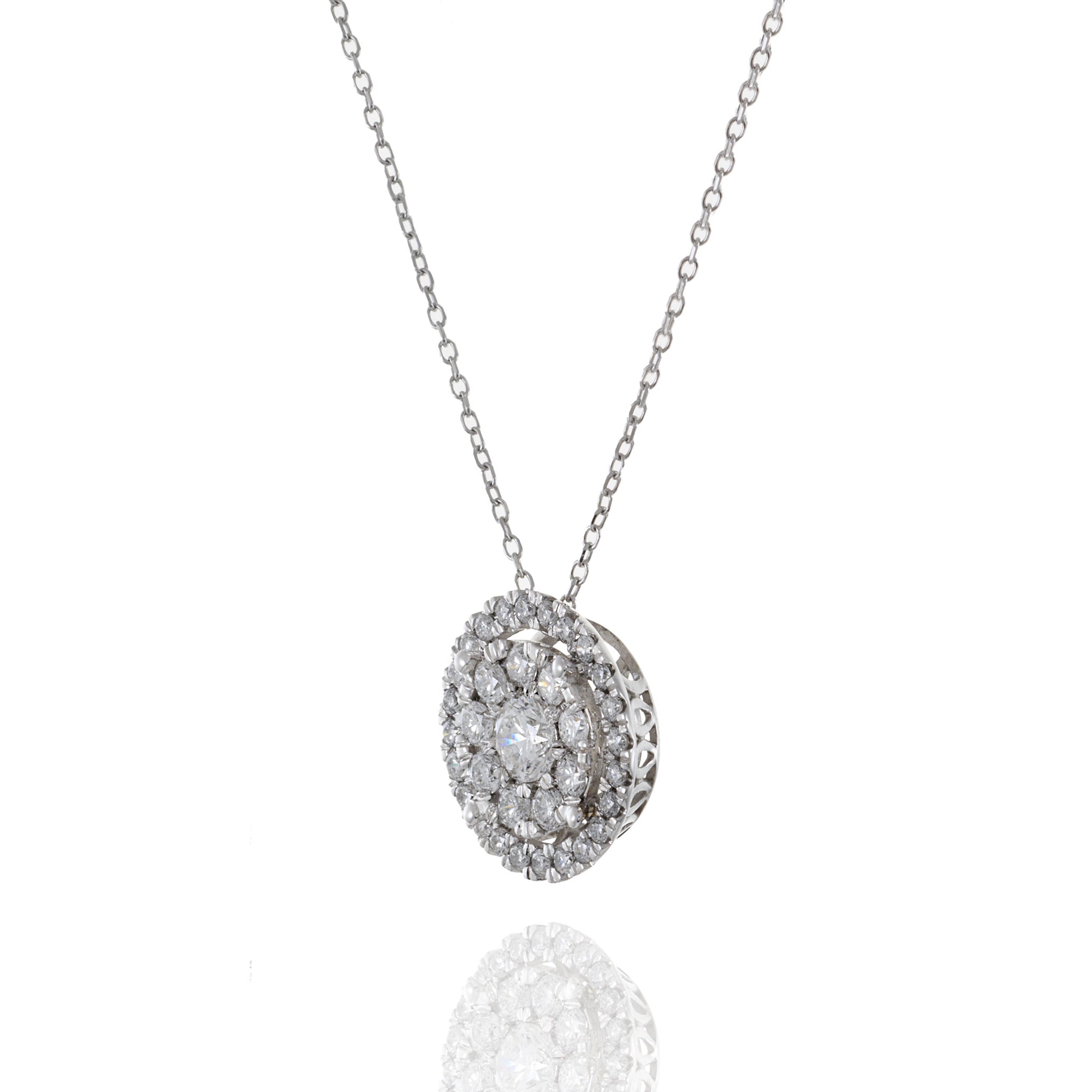14KT White Gold Halo Cluster Diamond Pendant Necklace