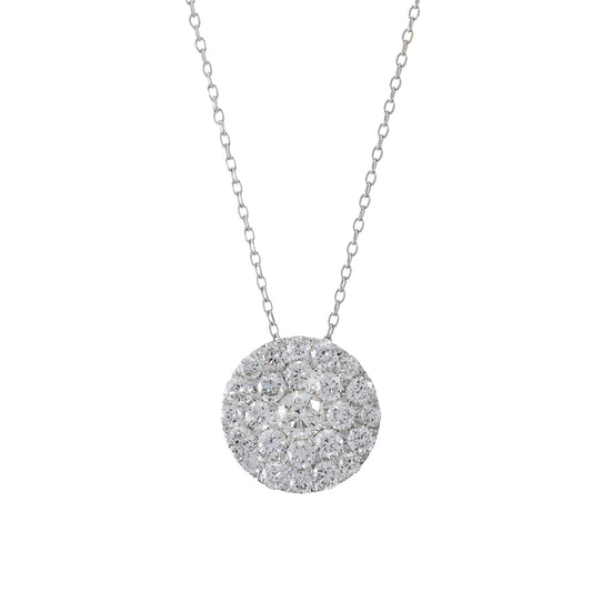 14KT White Gold Round Cluster Diamond Pendant Necklace
