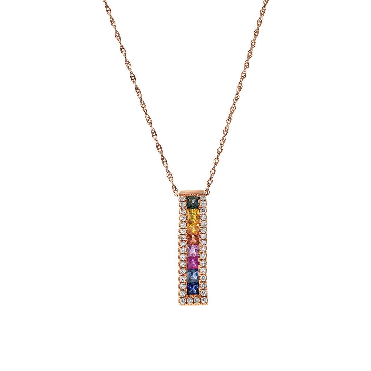 14KT Rose Gold Multi Color Sapphire And Diamond Wave Pendant Necklace