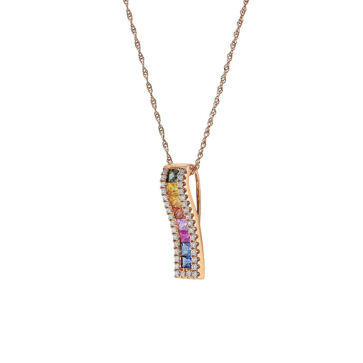 14KT Rose Gold Multi Color Sapphire And Diamond Wave Pendant Necklace