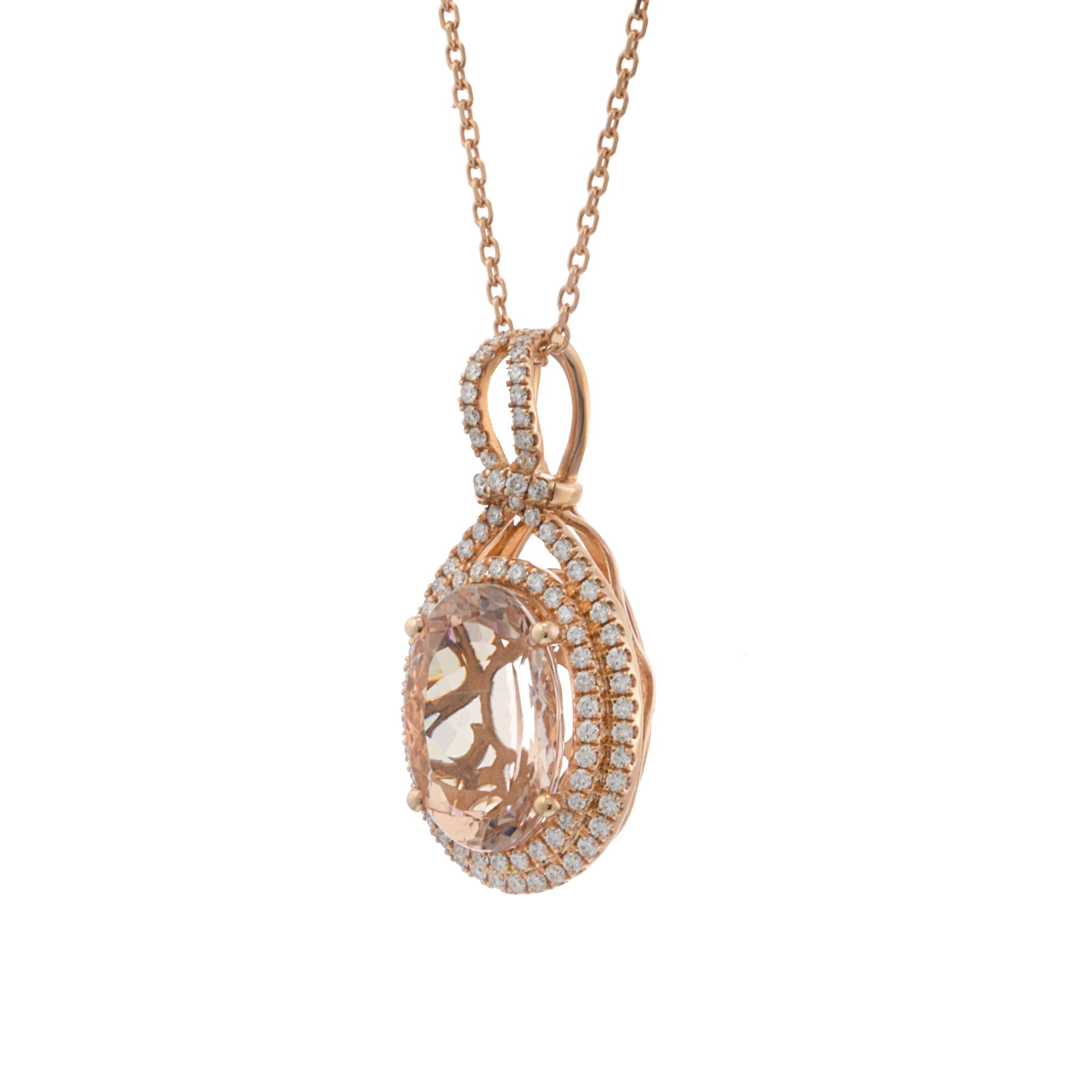 14KT Rose Gold Morganite and Diamond Drop Pendant with Chain