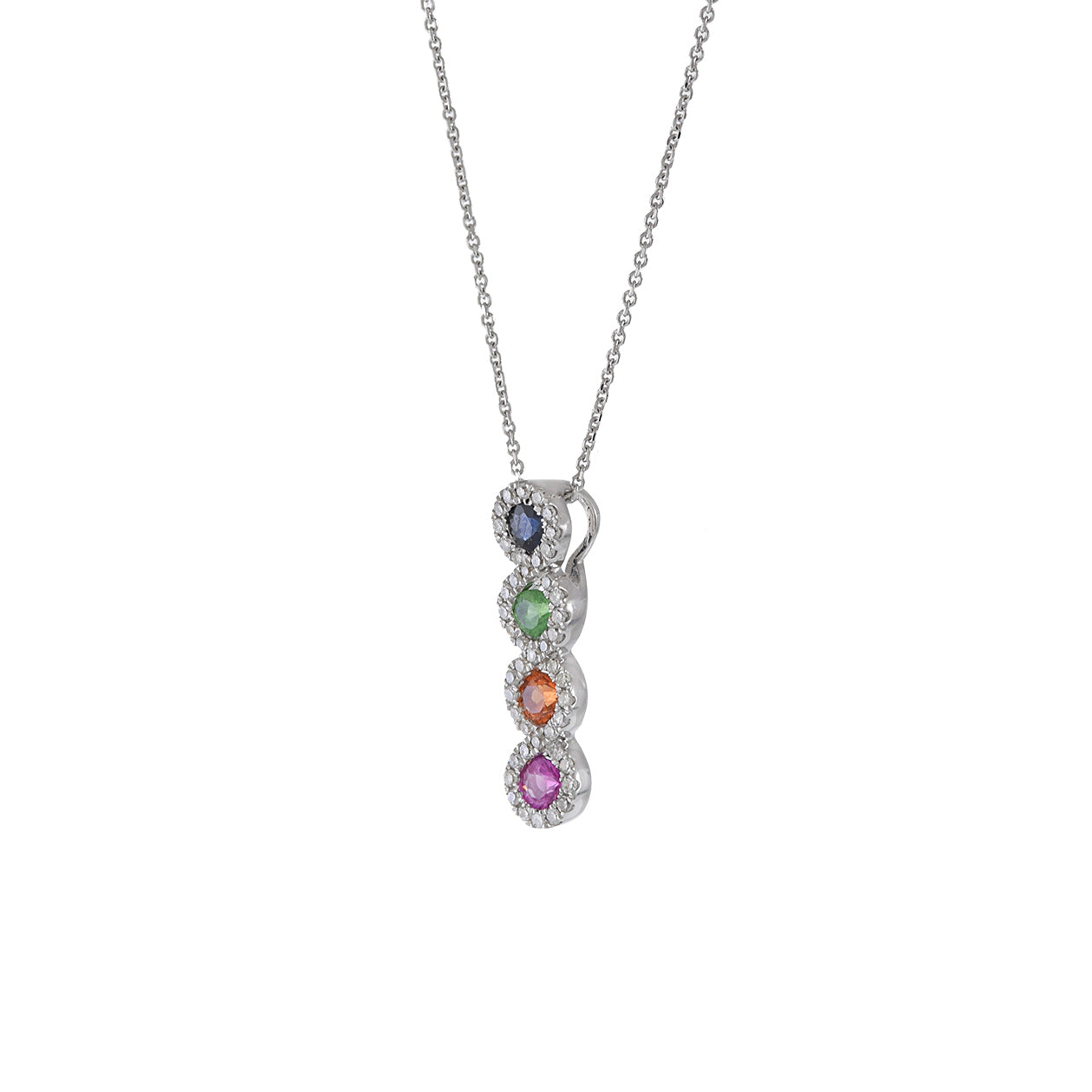 14KT White Gold Multi Sapphire And Diamond Pendant With Chain