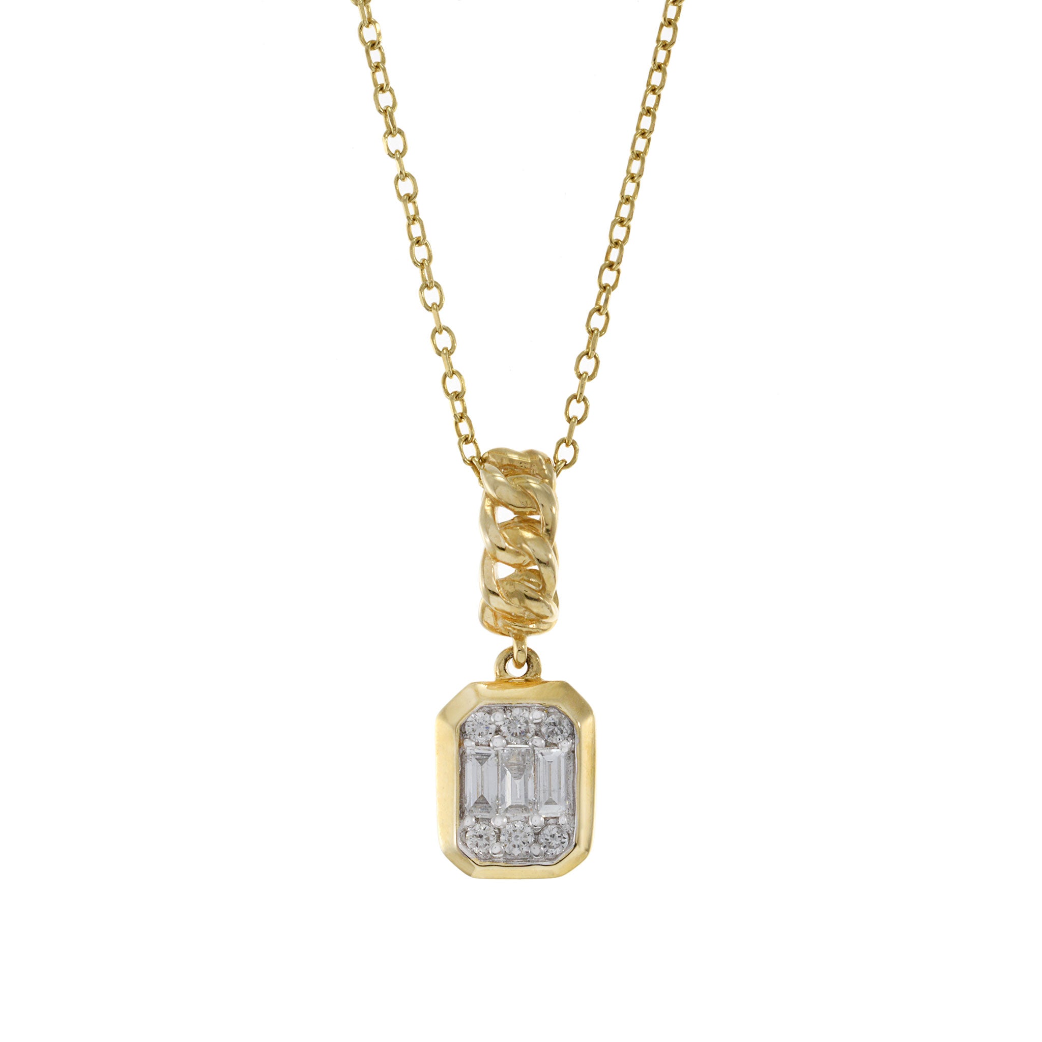 14KT Yellow Gold Multi Cut Diamond Cuban Link Drop Pendant