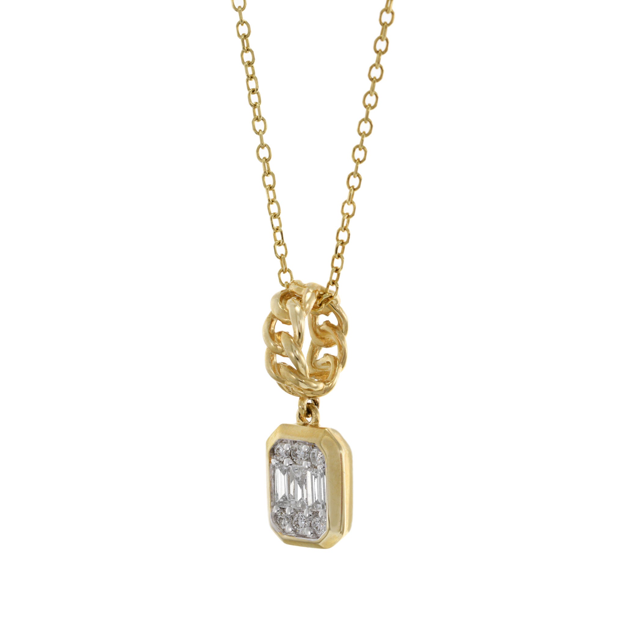 14KT Yellow Gold Multi Cut Diamond Cuban Link Drop Pendant