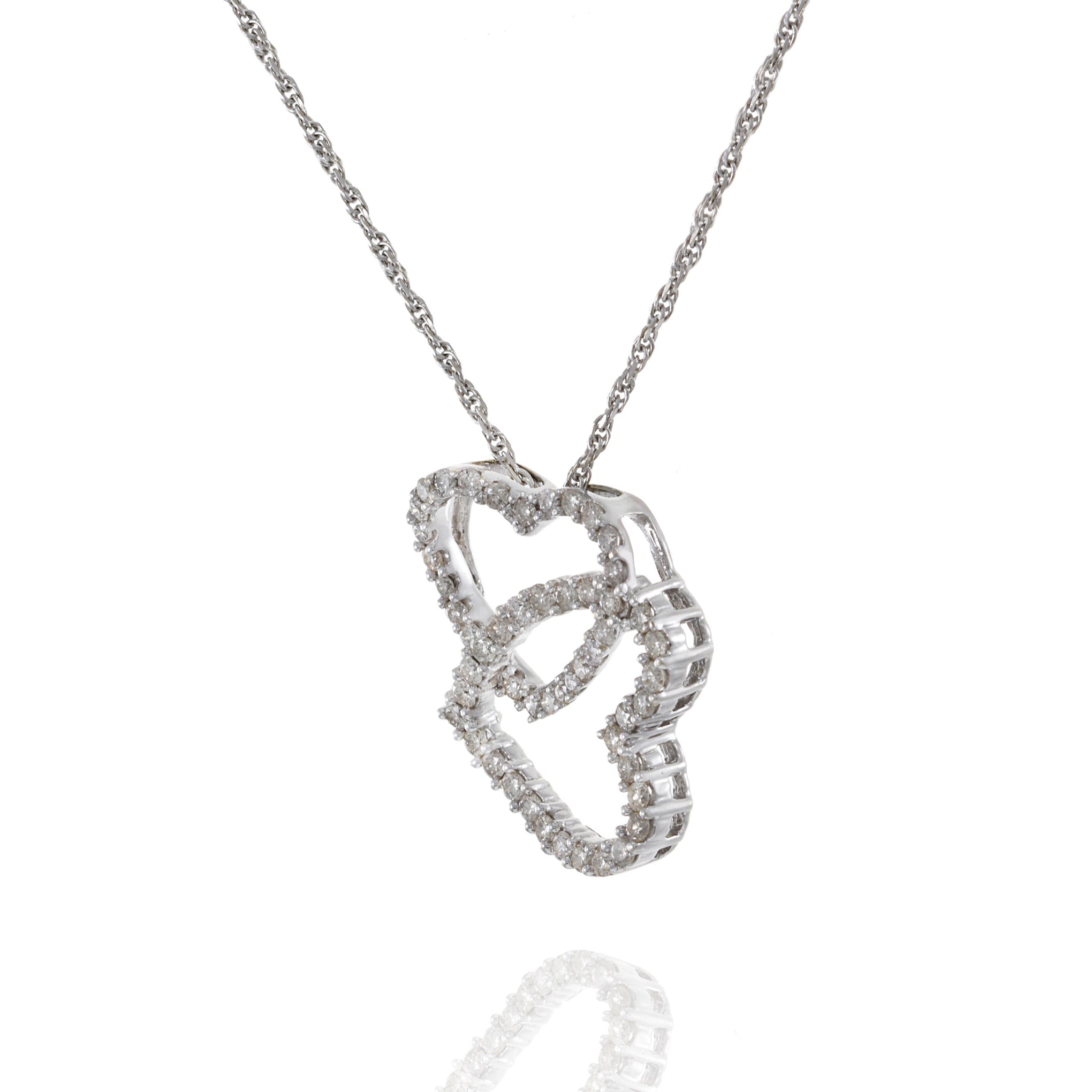 14KT White Gold Double Open Heart Diamond Pendant