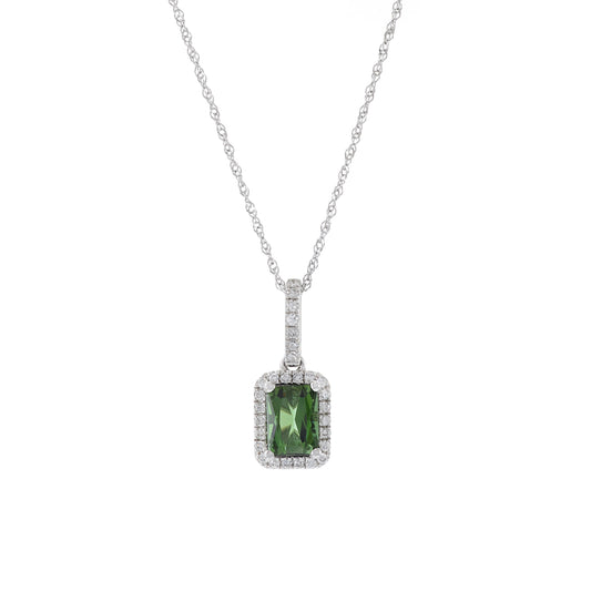 14KT White Gold Green Tourmaline And Diamond Pendant  Necklace