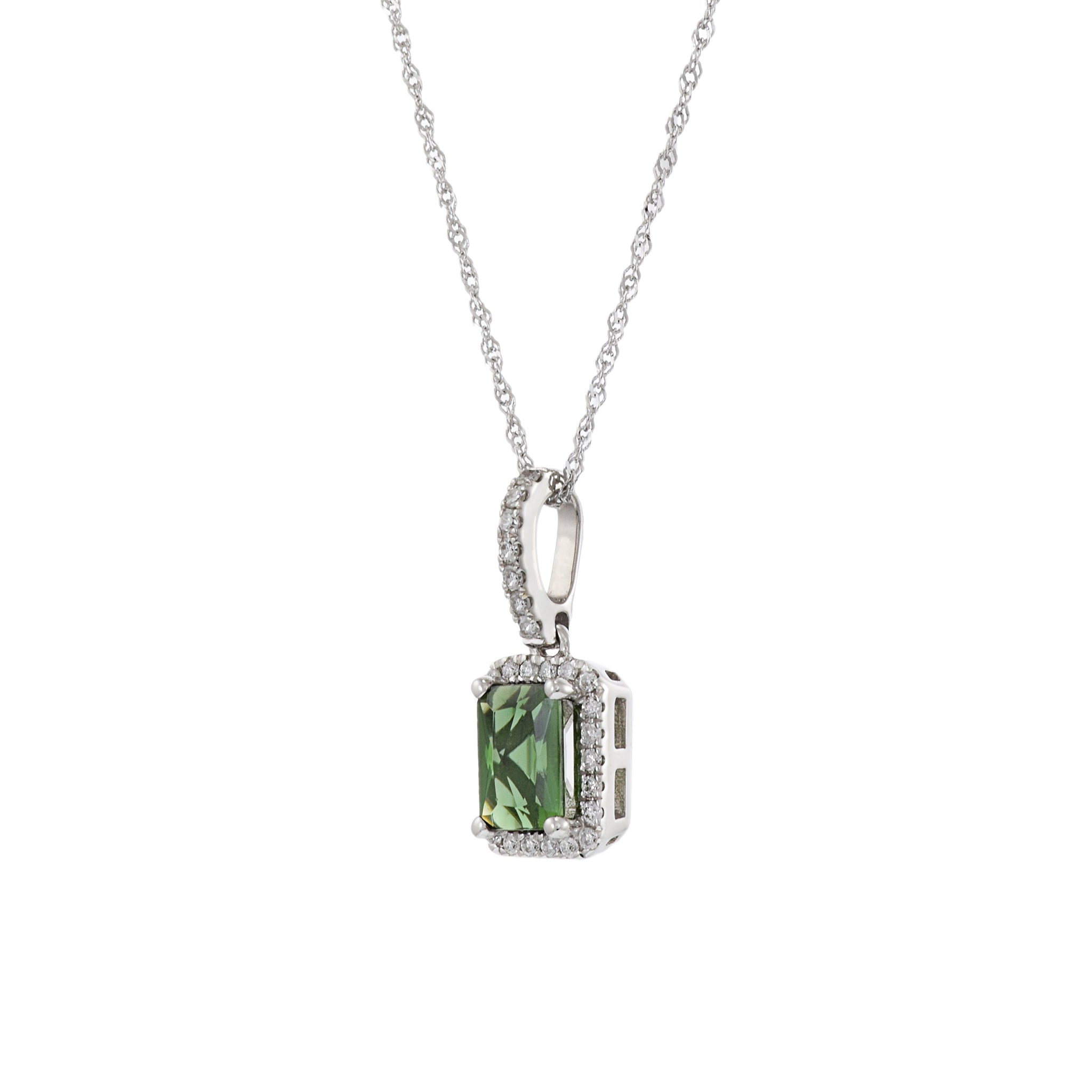 14KT White Gold Green Tourmaline And Diamond Pendant  Necklace