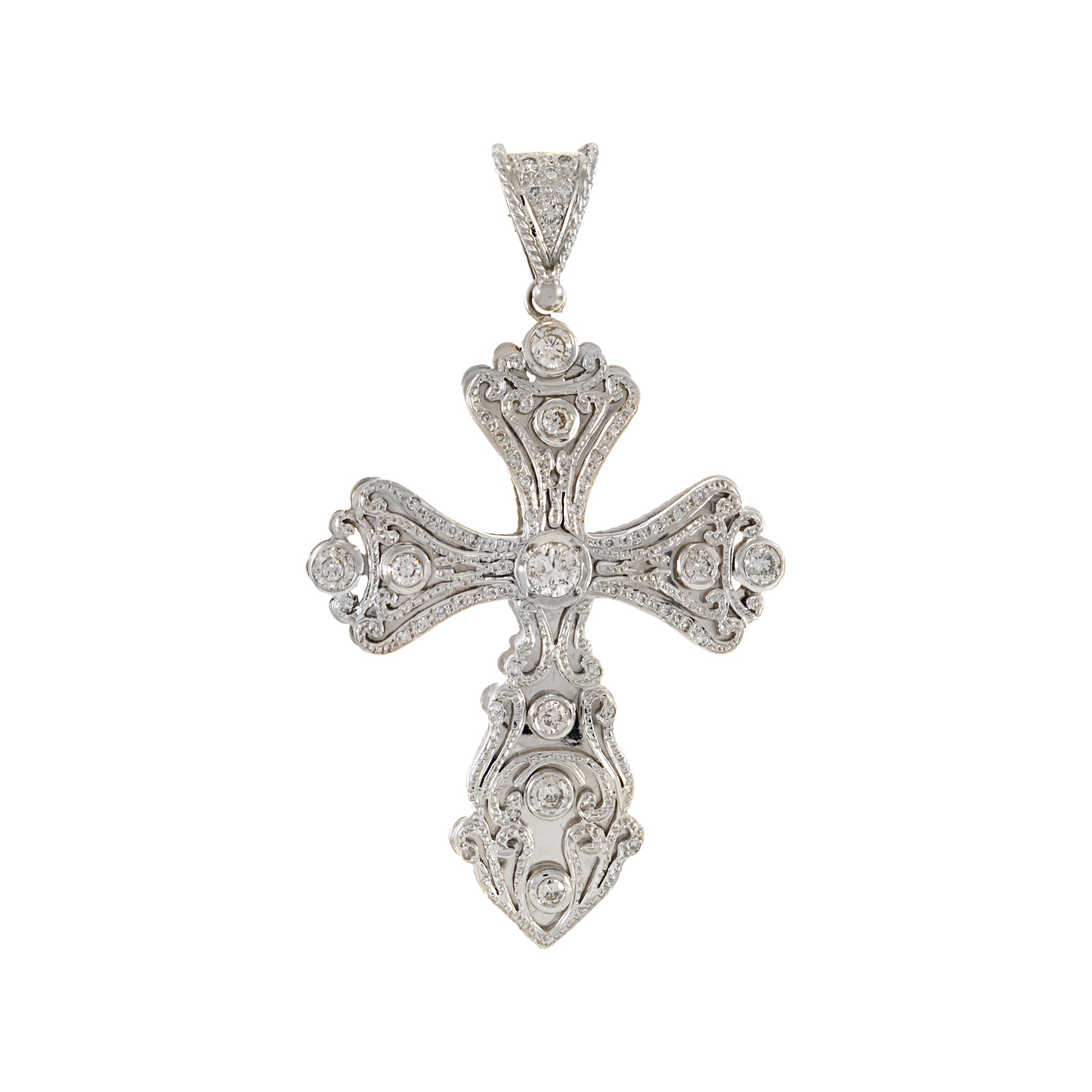 Vintage 14KT White Gold Round Cut Diamond Cross Pendant