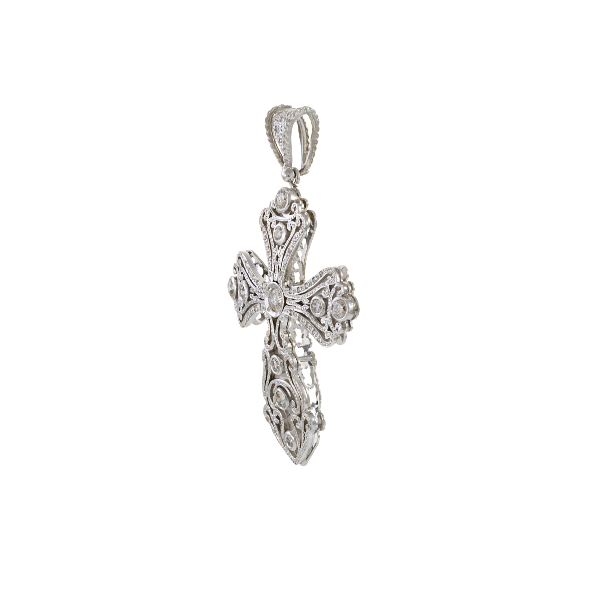 Vintage 14KT White Gold Round Cut Diamond Cross Pendant