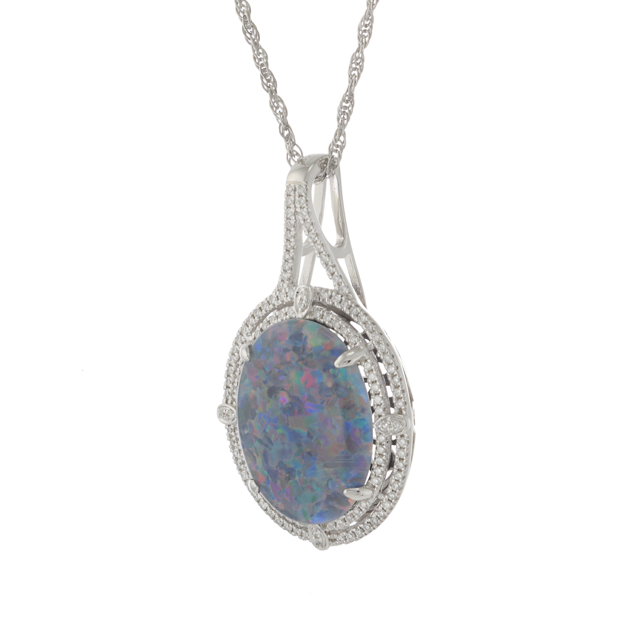 14KT White Gold Opal and Diamond Double Halo Pendant