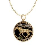 14KT Yellow Gold Black Onyx, Diamond, and Emerald Disc Pendant with Racing Horse