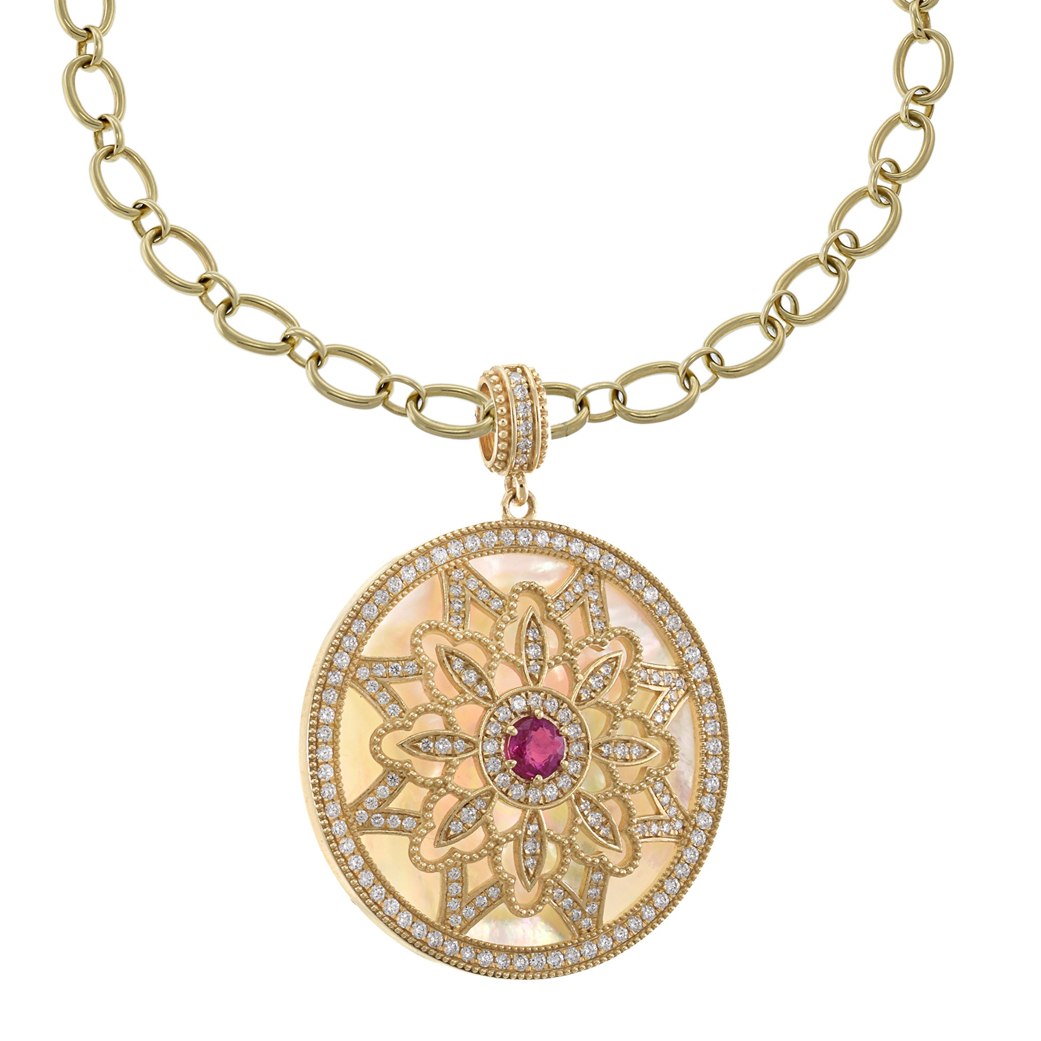 14KT Yellow Gold Mother of Pearl, Diamond and Ruby Disc Pendant