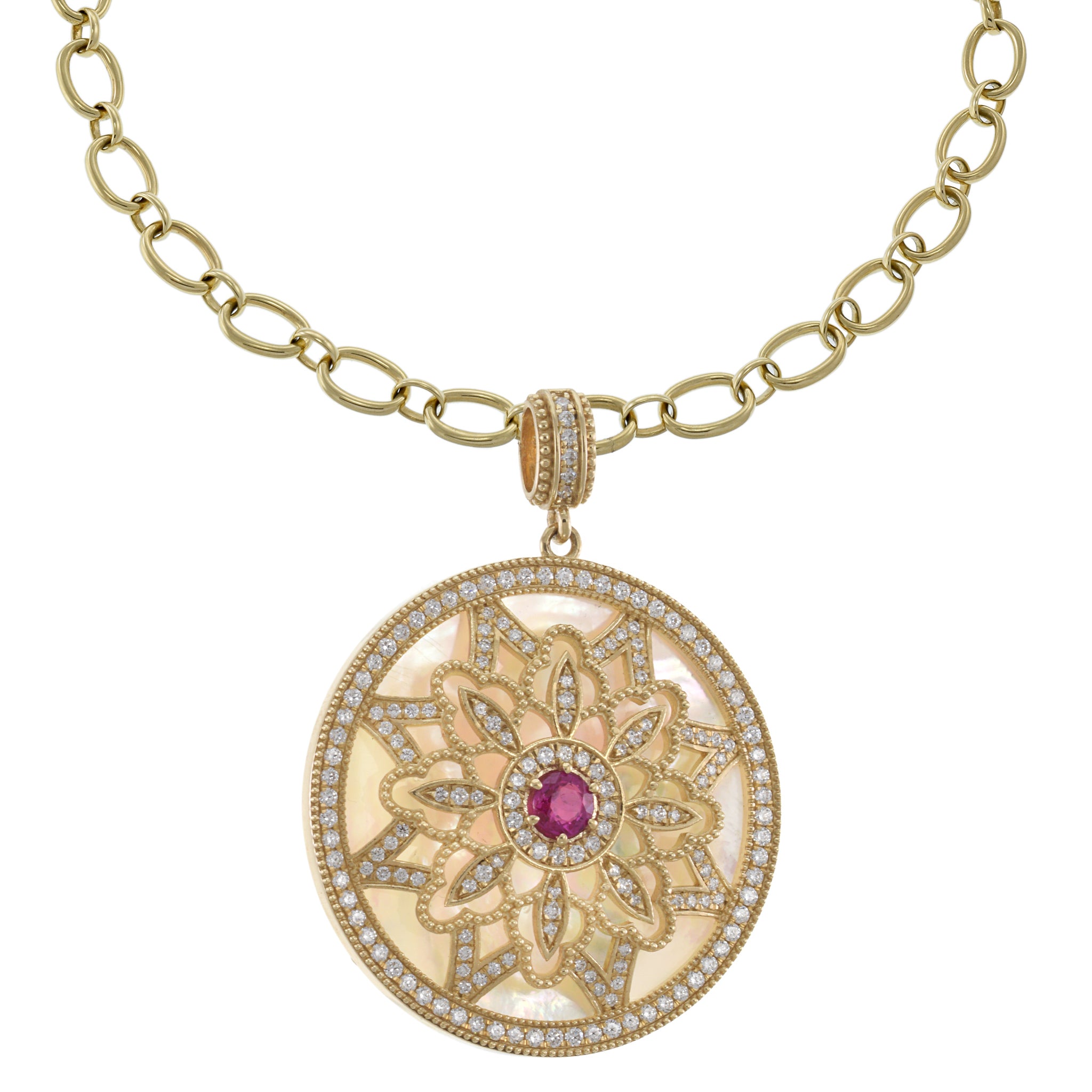 14KT Yellow Gold Mother of Pearl, Diamond and Ruby Disc Pendant