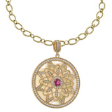 14KT Yellow Gold Mother of Pearl, Diamond and Ruby Disc Pendant