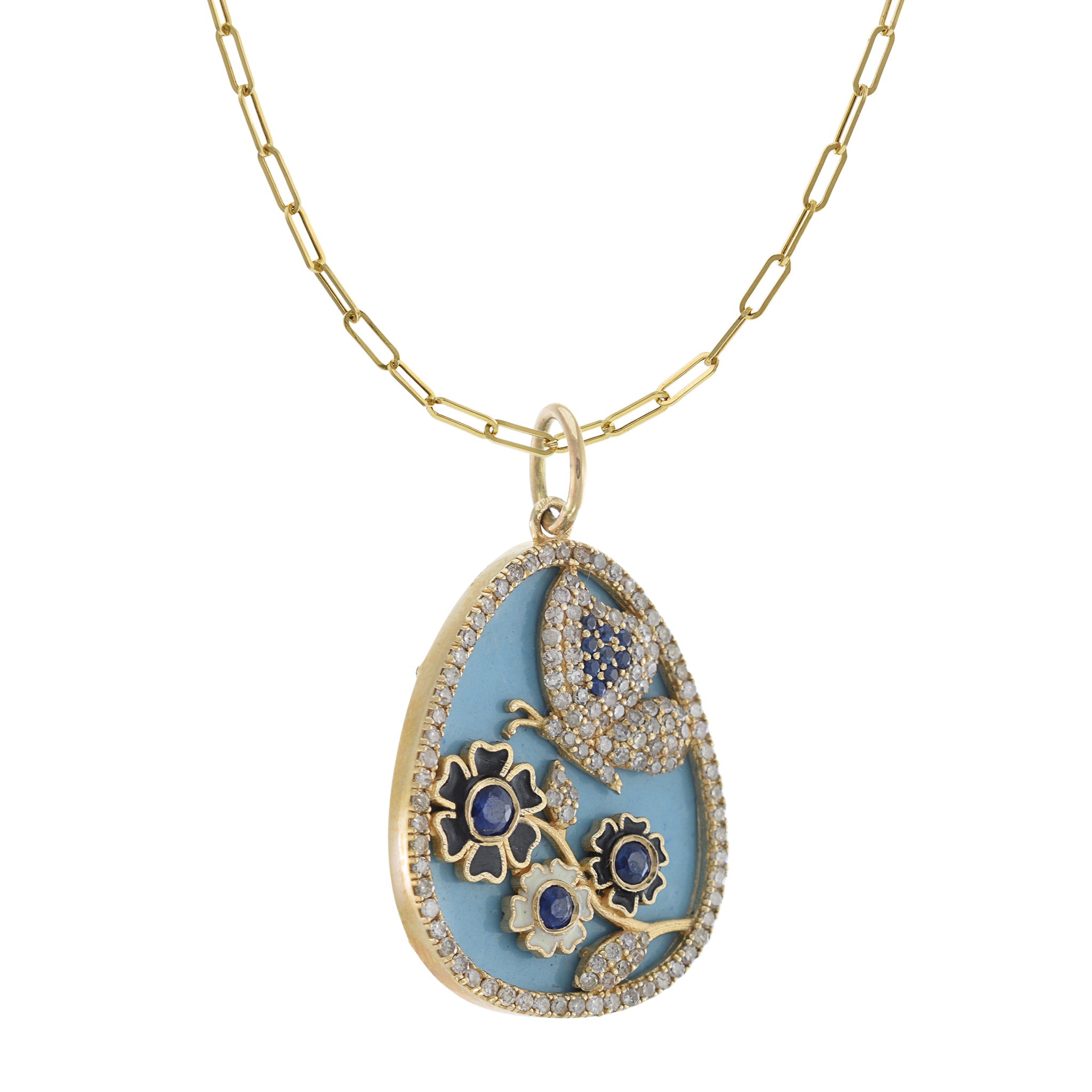 14KT Yellow Gold Butterflies and Flowers Disc Pendant