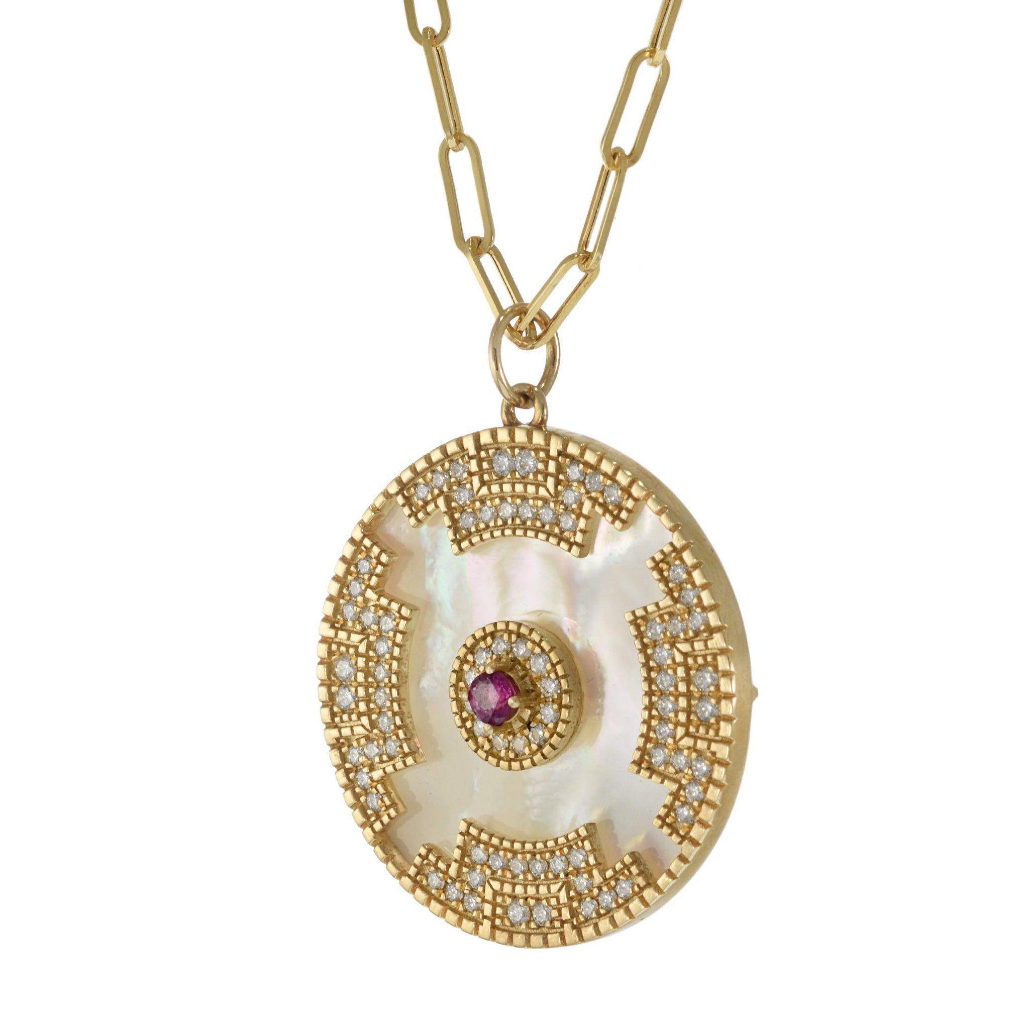 14KT Yellow Gold Mother of Pearl, Diamond, and Ruby Disc Pendant