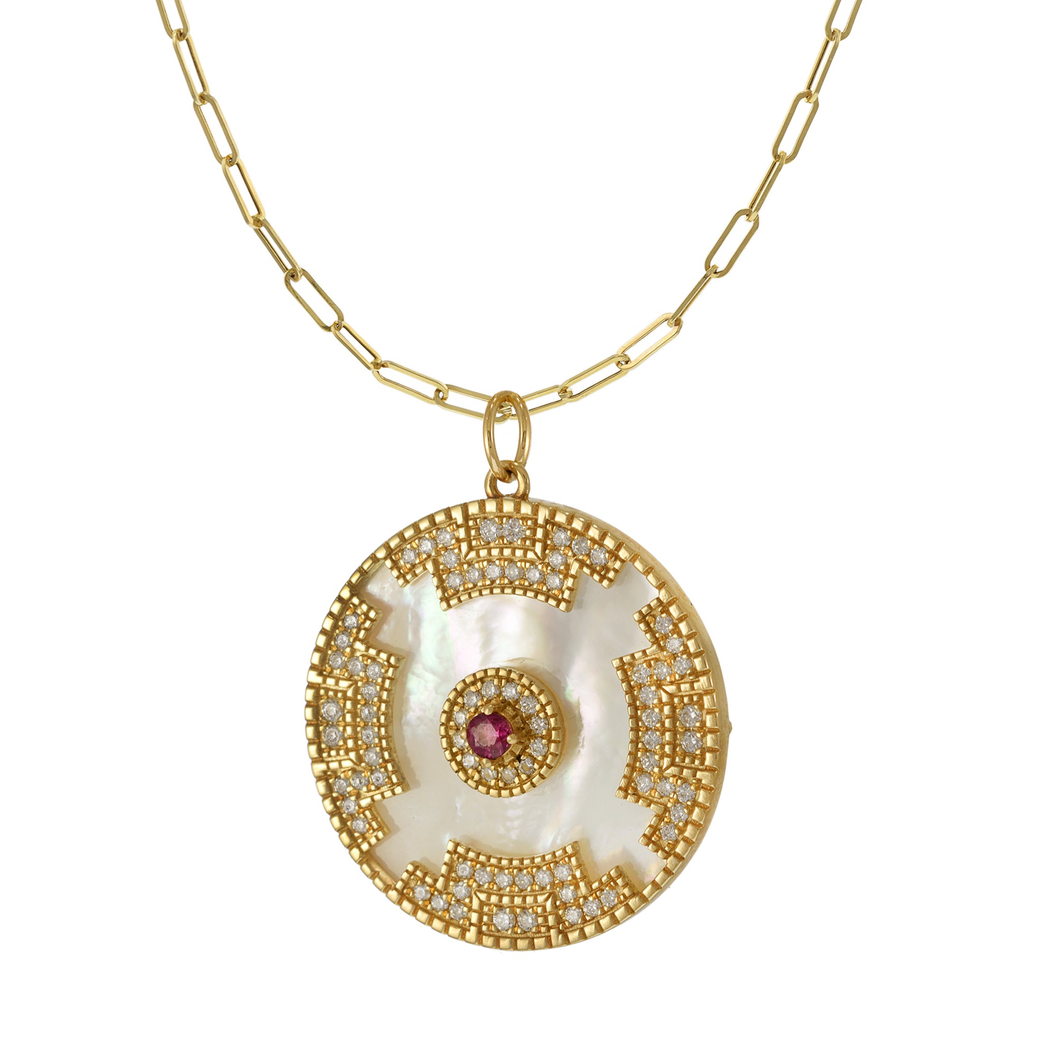 14KT Yellow Gold Mother of Pearl, Diamond, and Ruby Disc Pendant