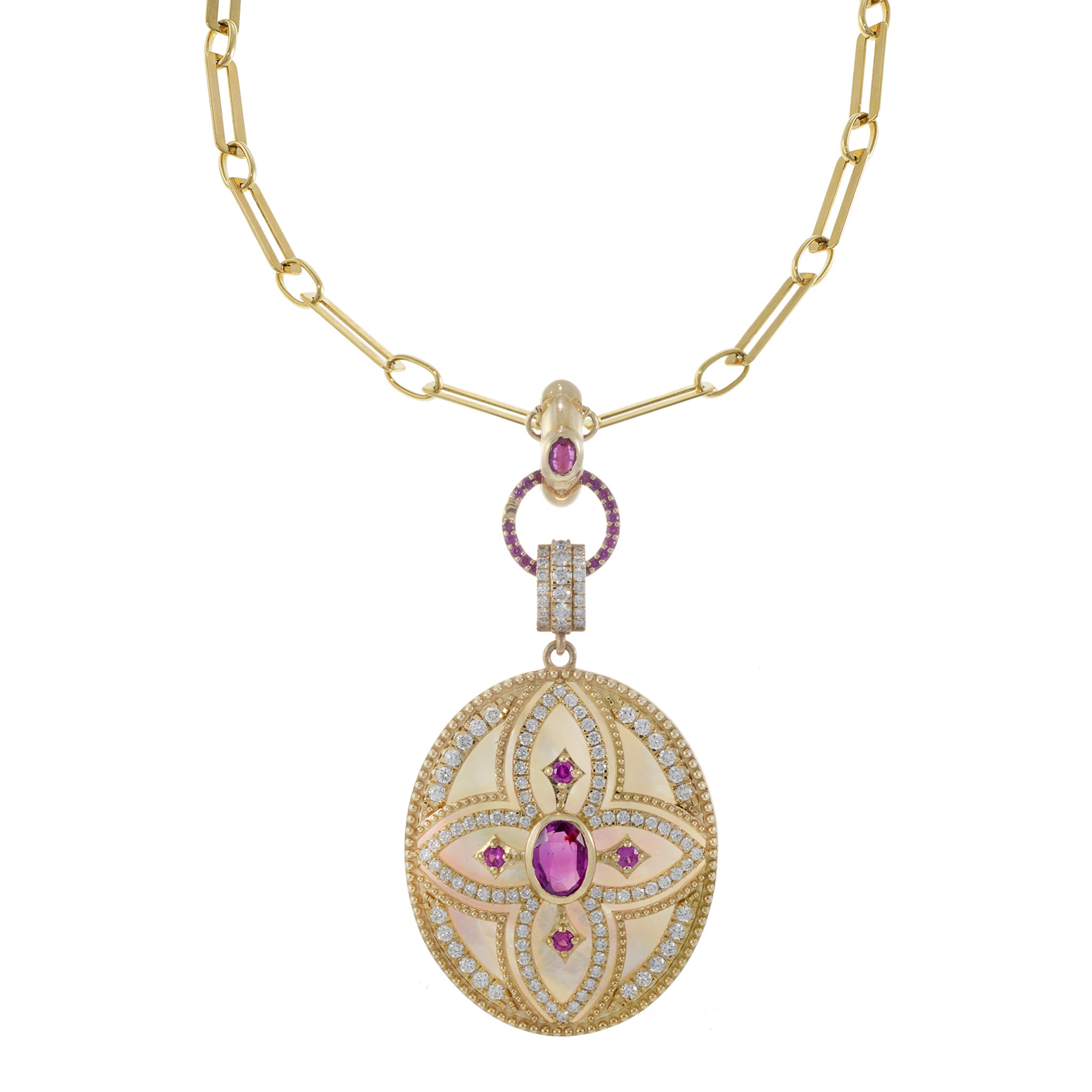 14KT Yellow Gold Mother of Pearl, Diamond, and Ruby Flower Oval Pendant