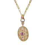 14KT Yellow Gold Mother of Pearl, Diamond, and Ruby Flower Oval Pendant