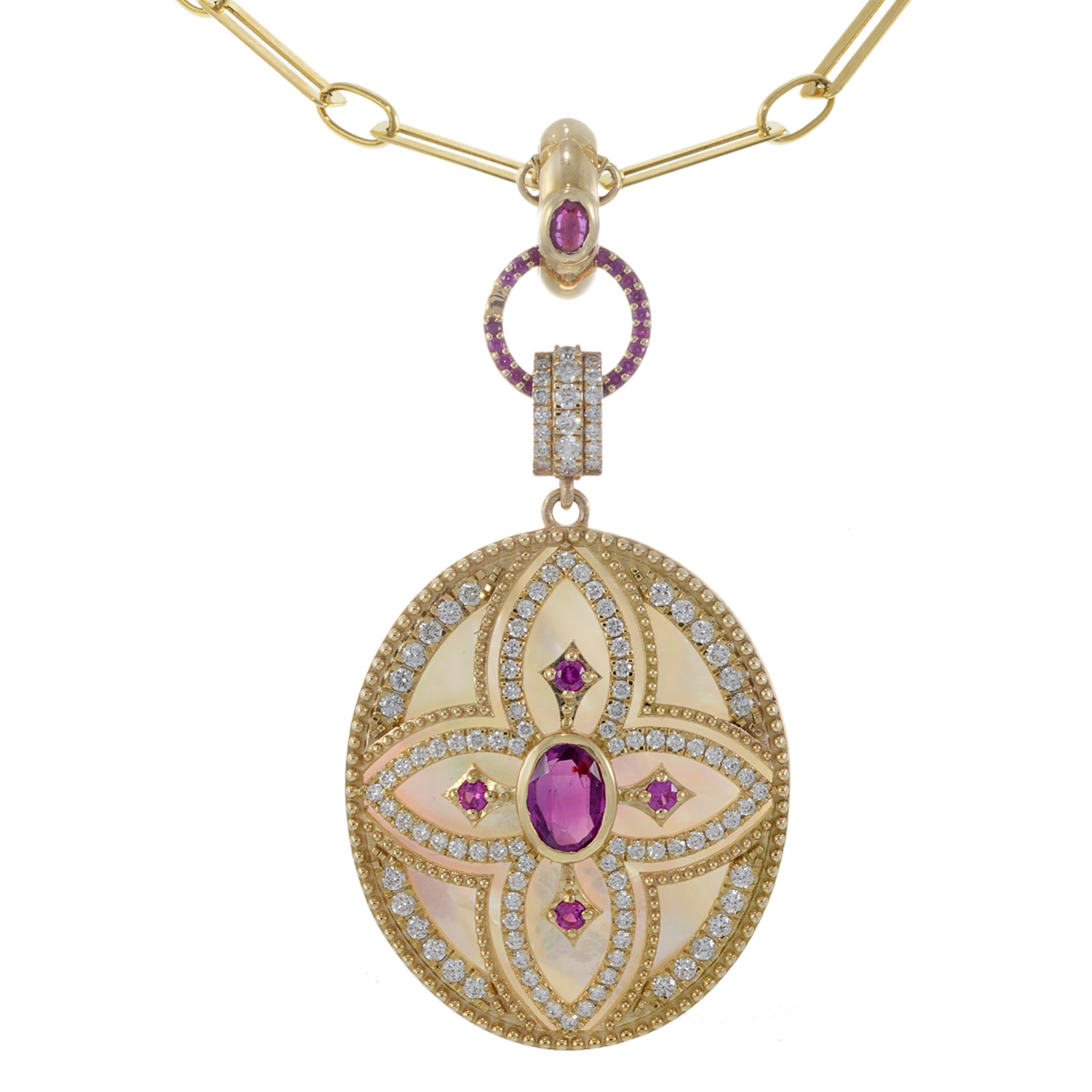 14KT Yellow Gold Mother of Pearl, Diamond, and Ruby Flower Oval Pendant