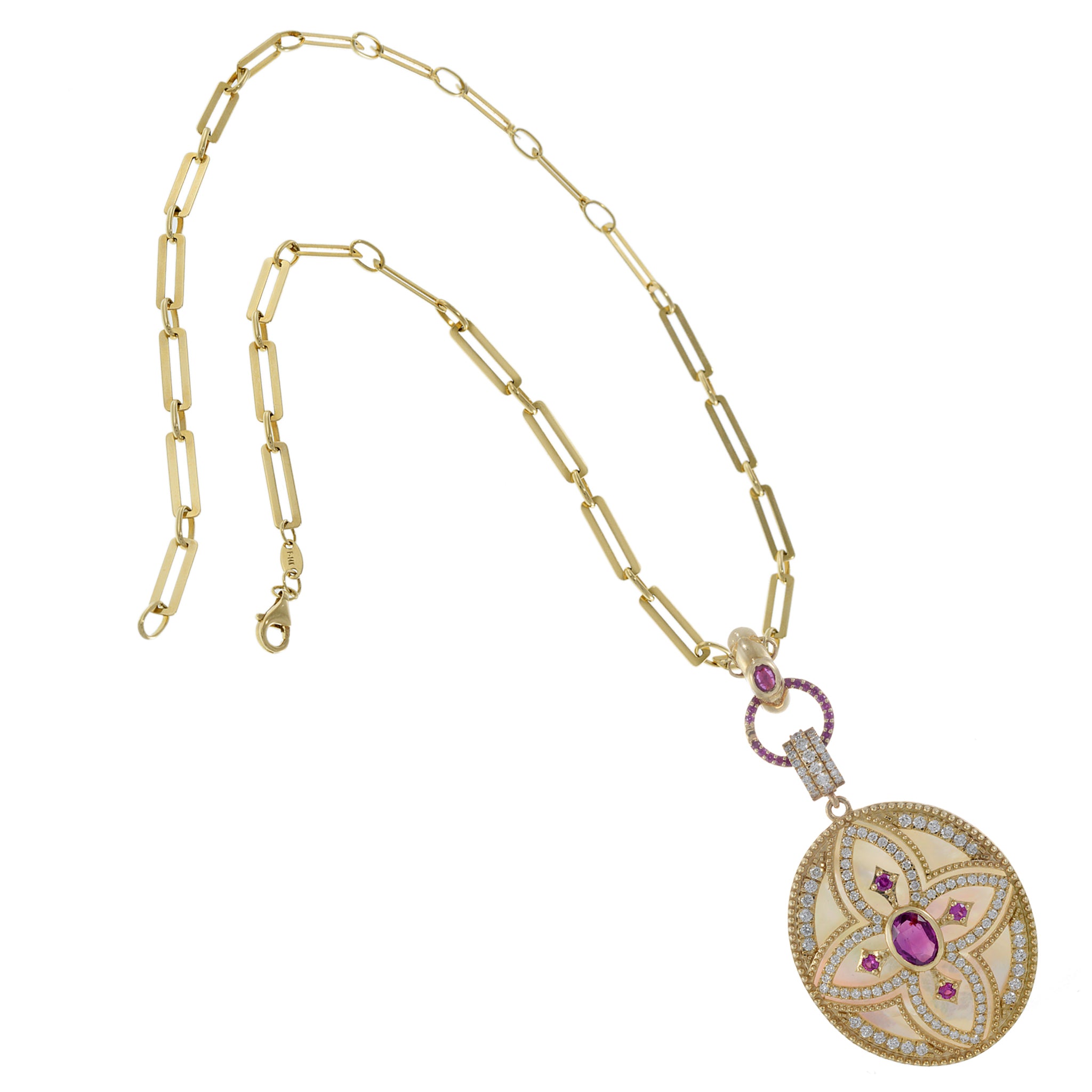 14KT Yellow Gold Mother of Pearl, Diamond, and Ruby Flower Oval Pendant