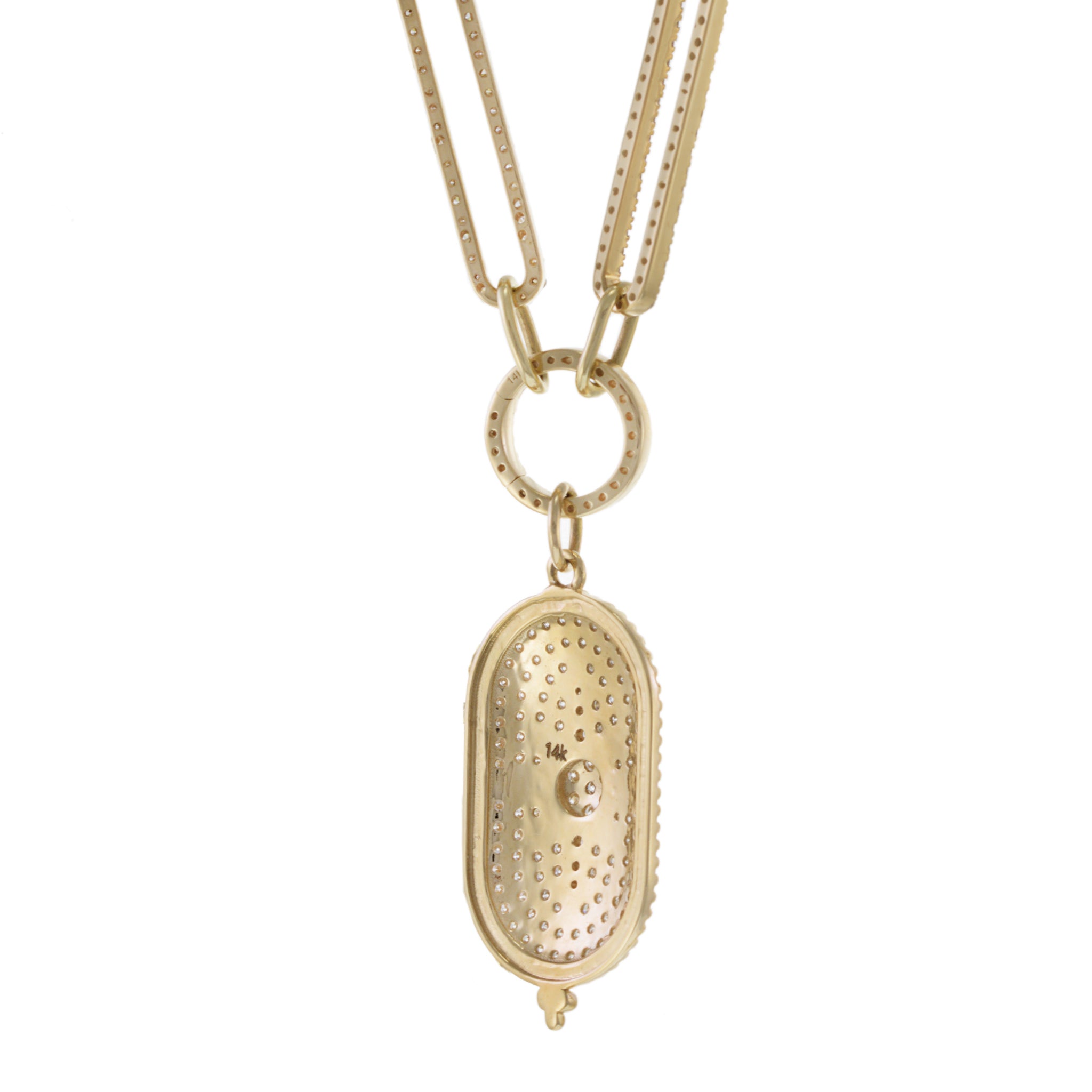 14KT Yellow Gold Oval Link Paperclip Chain with Oblong Starburst Drop Pendant