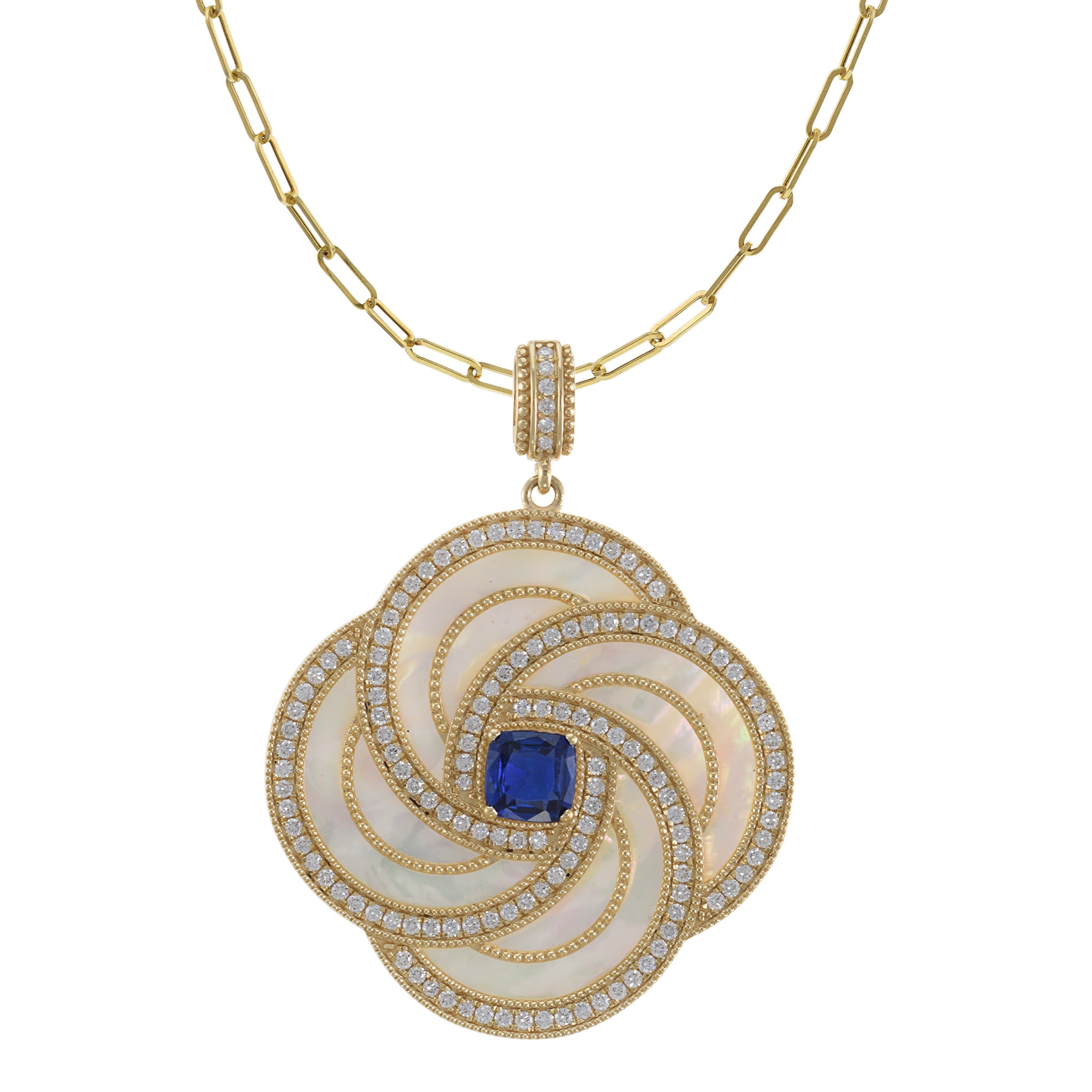 14KT Gold Mother of Pearl, Kyanite, and Diamond Flower Pendant