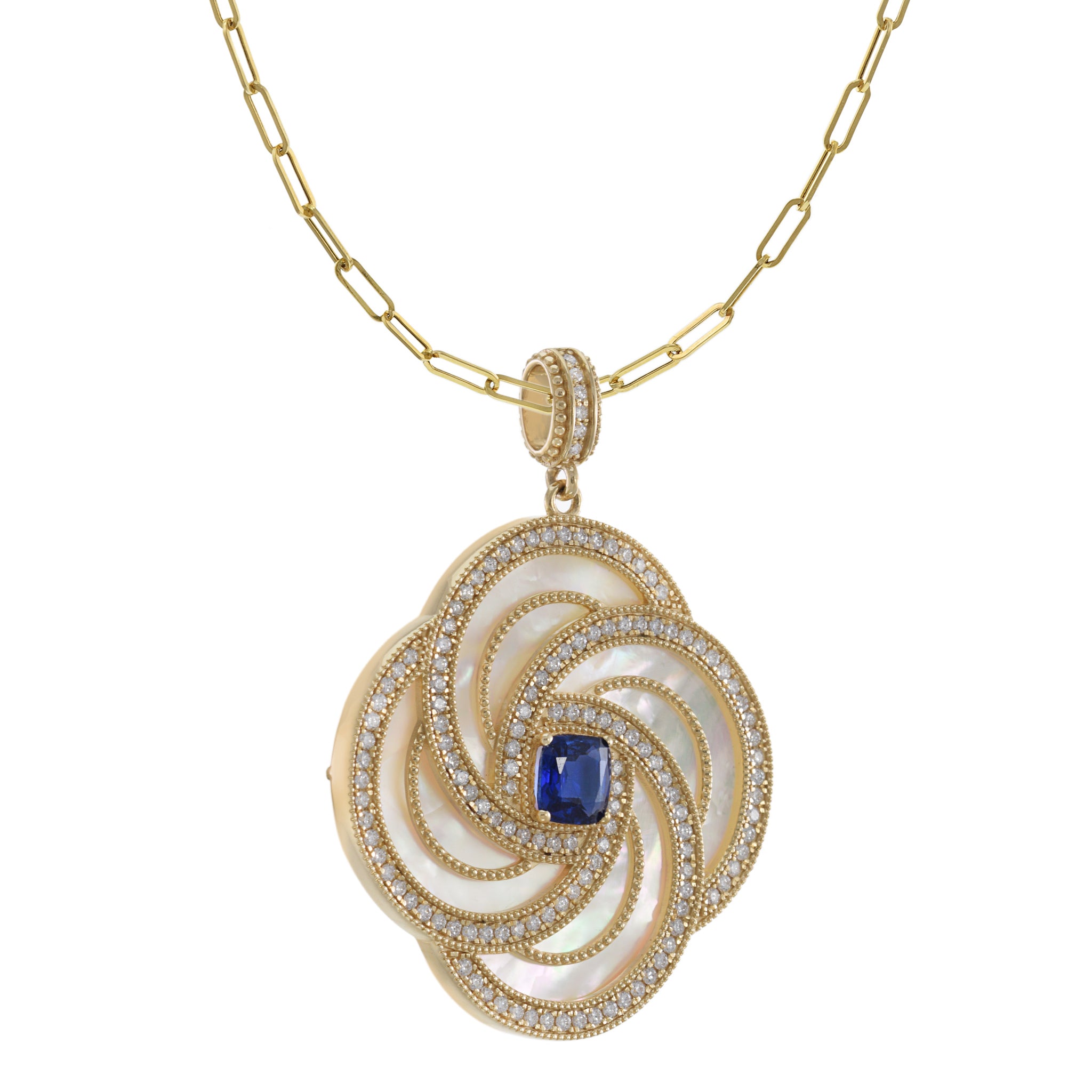 14KT Gold Mother of Pearl, Kyanite, and Diamond Flower Pendant