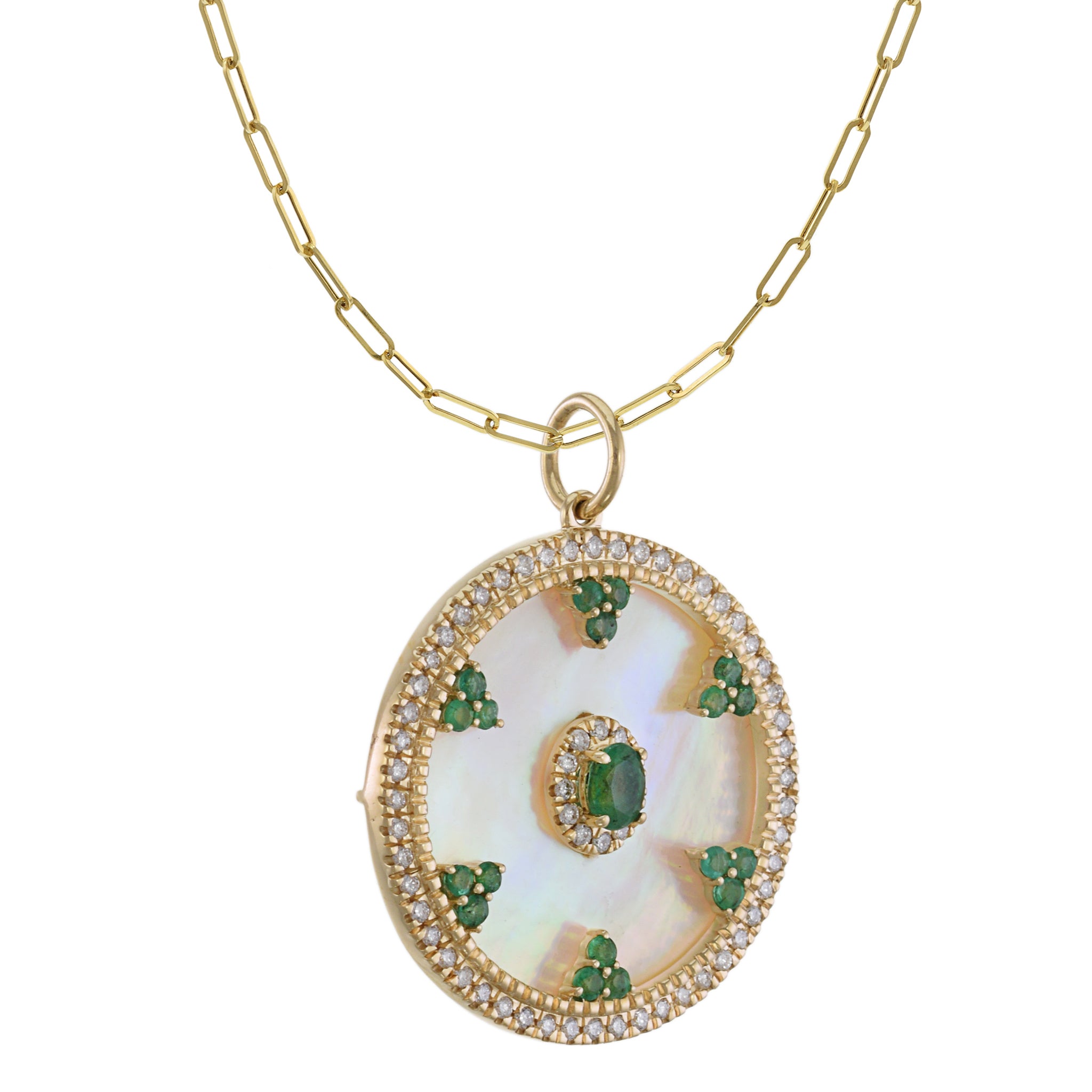 14KT Yellow Gold Mother of Pearl, Diamond, and Emerald Circle Disc Pendant