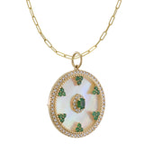 14KT Yellow Gold Mother of Pearl, Diamond, and Emerald Circle Disc Pendant