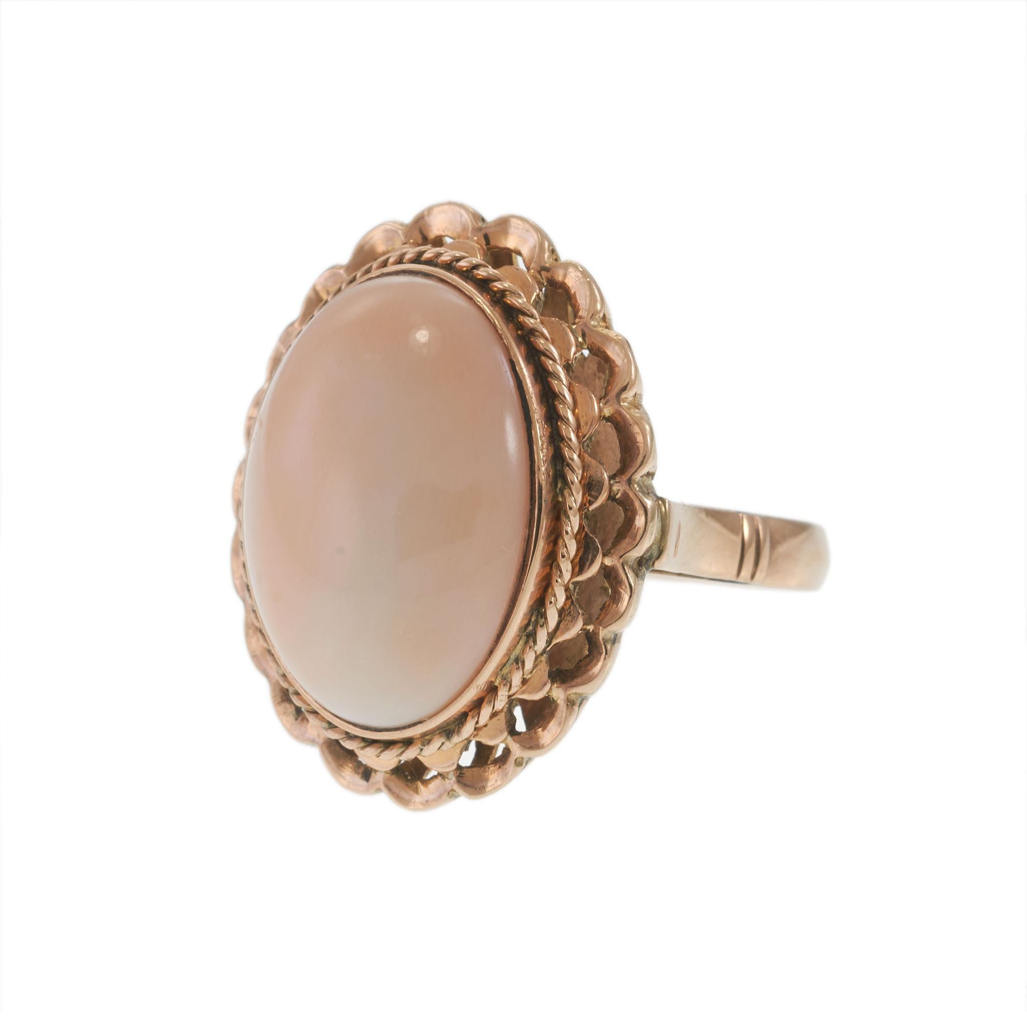 Antique 14KT Rose Gold Oval Cabochon Pink Coral Ring with Rope and Scallop Frame