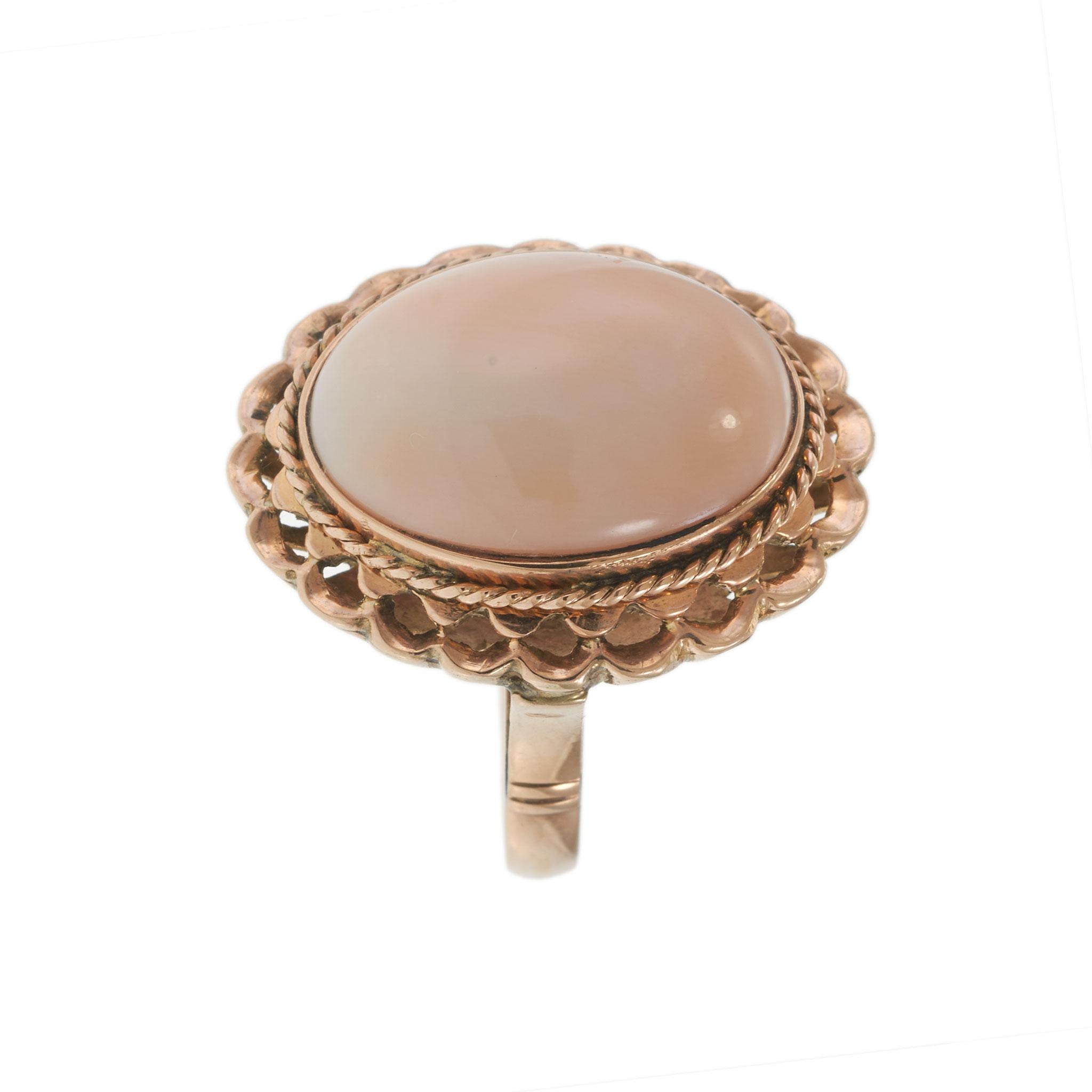 Antique 14KT Rose Gold Oval Cabochon Pink Coral Ring with Rope and Scallop Frame