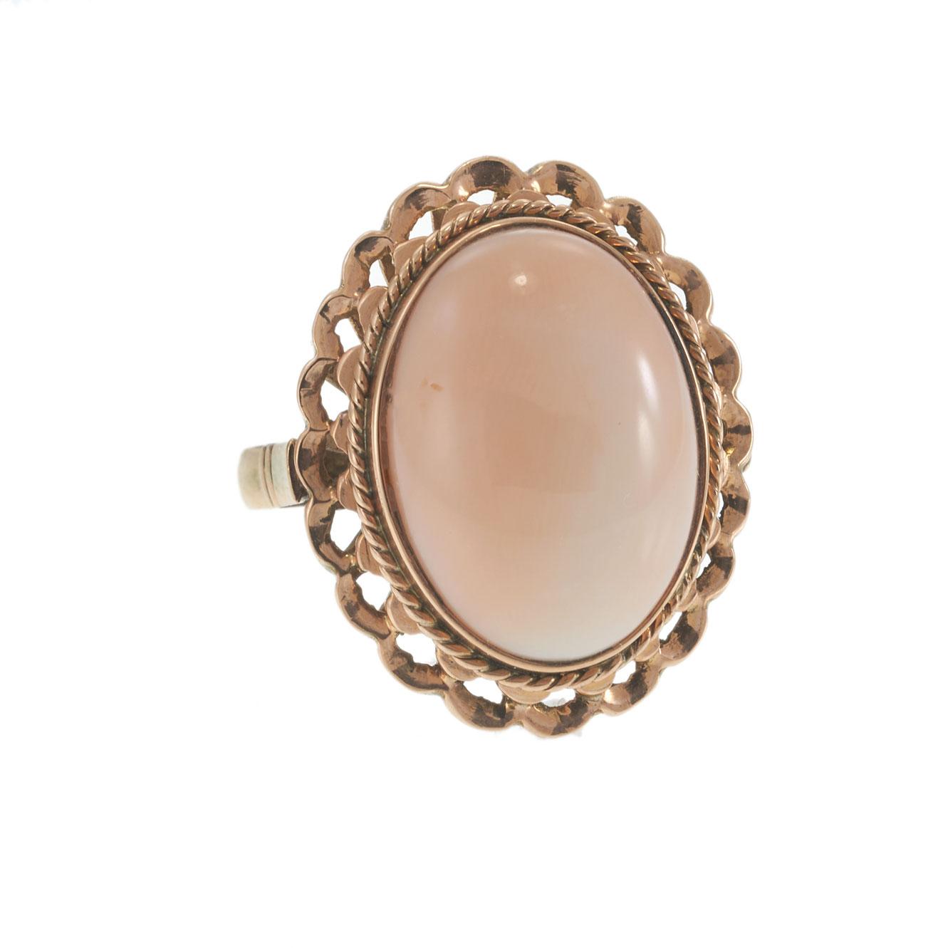 Antique 14KT Rose Gold Oval Cabochon Pink Coral Ring with Rope and Scallop Frame