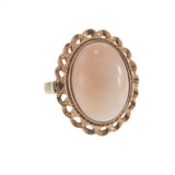 Antique 14KT Rose Gold Oval Cabochon Pink Coral Ring with Rope and Scallop Frame