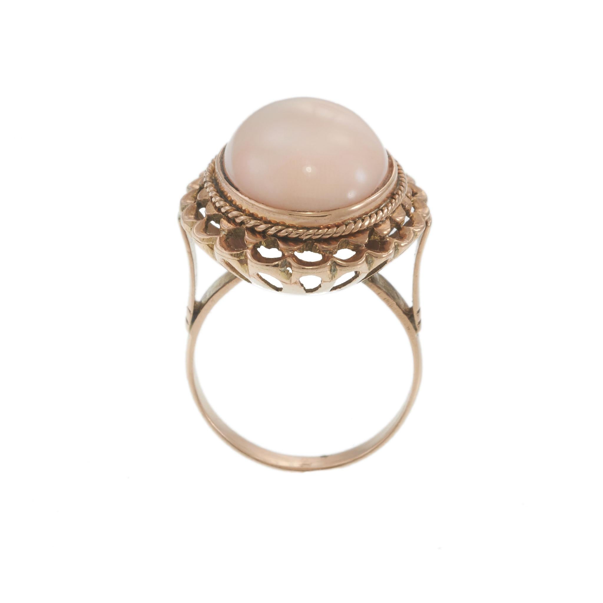 Antique 14KT Rose Gold Oval Cabochon Pink Coral Ring with Rope and Scallop Frame