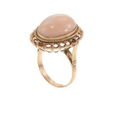 Antique 14KT Rose Gold Oval Cabochon Pink Coral Ring with Rope and Scallop Frame