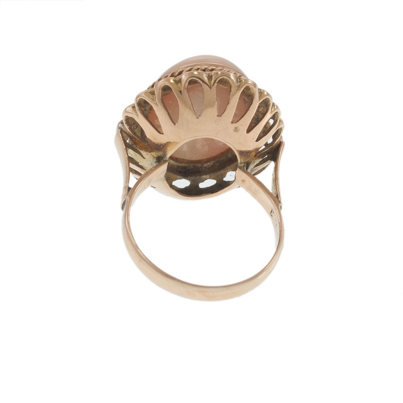Antique 14KT Rose Gold Oval Cabochon Pink Coral Ring with Rope and Scallop Frame
